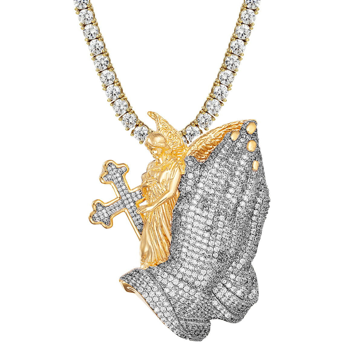 Men's Praying Hands Cross Angel Icy Custom Yellow Tone Pendant Necklace - Religious Jewelry Gift for Baptism, Confirmation & Daily Wear
