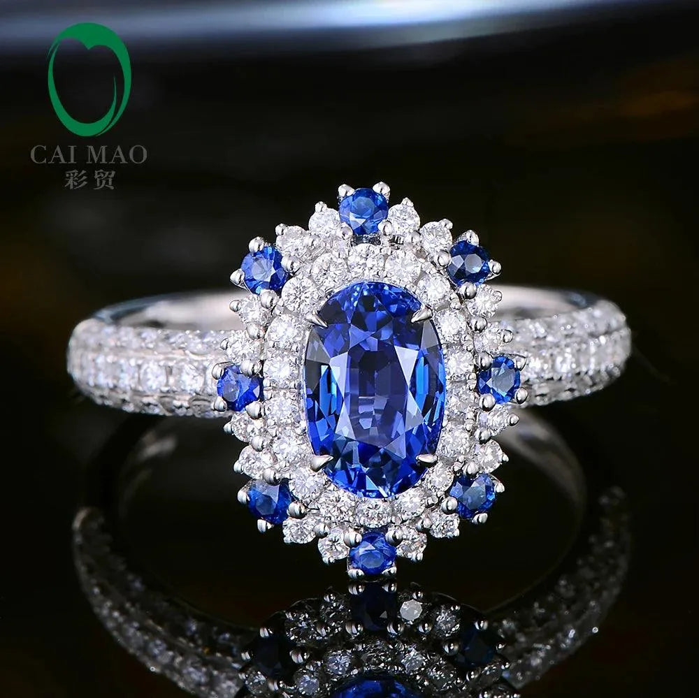 1.57ct Natural Sapphire & Diamond Halo Engagement Ring in 18K White Gold - Perfect for Proposals, Weddings & Anniversary Gifts