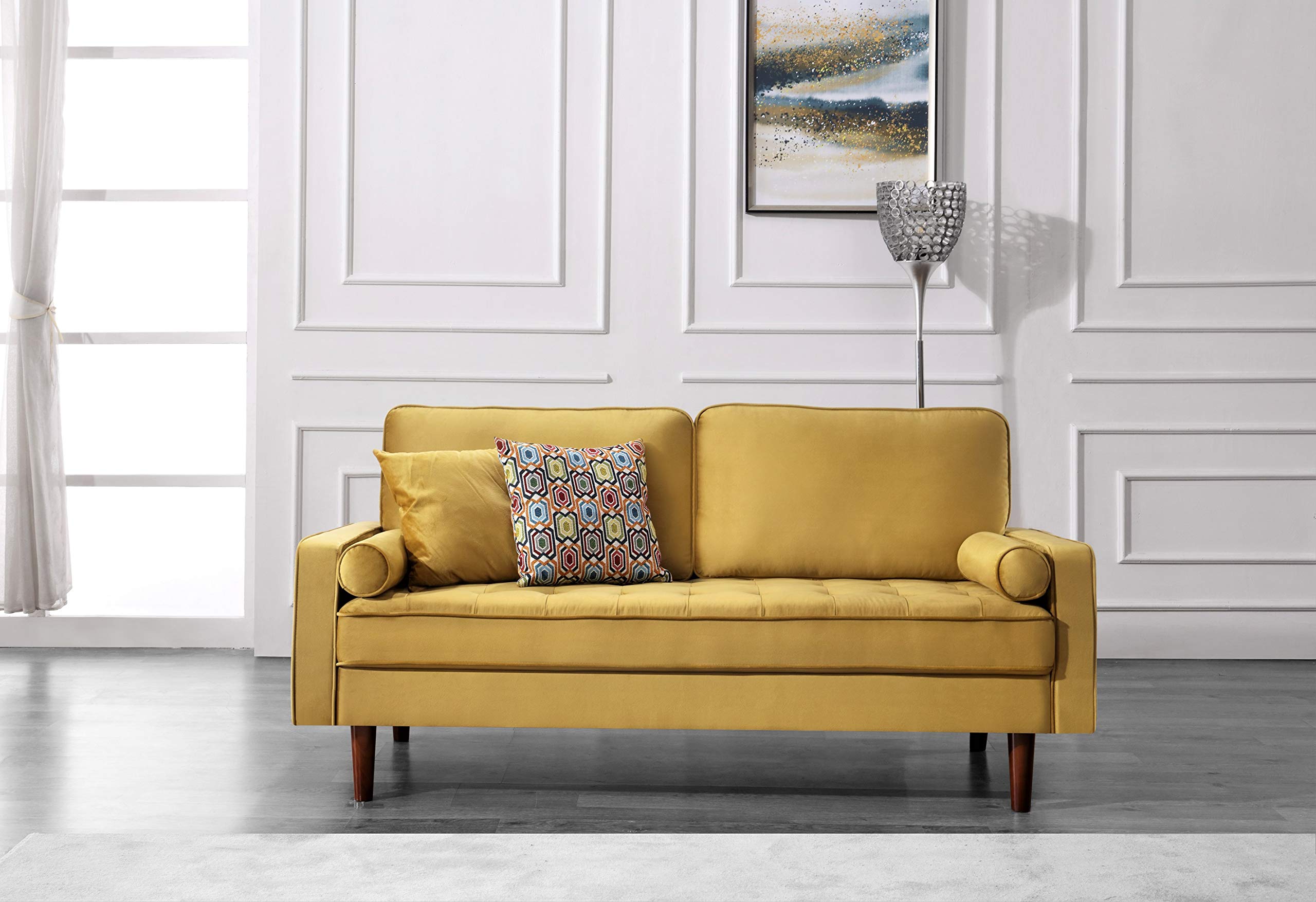 Mid Century Modern Velvet Upholstered Tufted Sofa with Bolster Pillows - Yellow Container Furniture for Living Room, Lounge & Office Decor