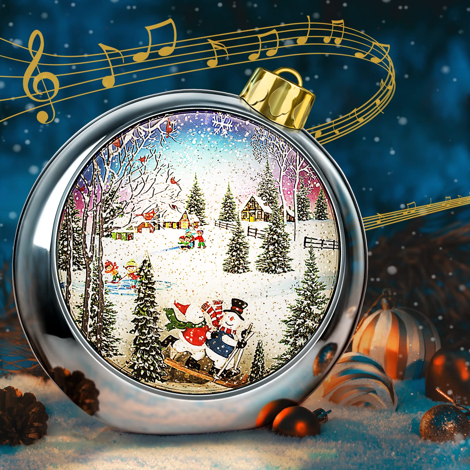 Lighted Christmas Snow Globes with 6H Timer & 8 Holiday Songs - Silver Round Musical Lantern with Xmas Tree Decor for Home, Office, and Holiday Party Decorations
