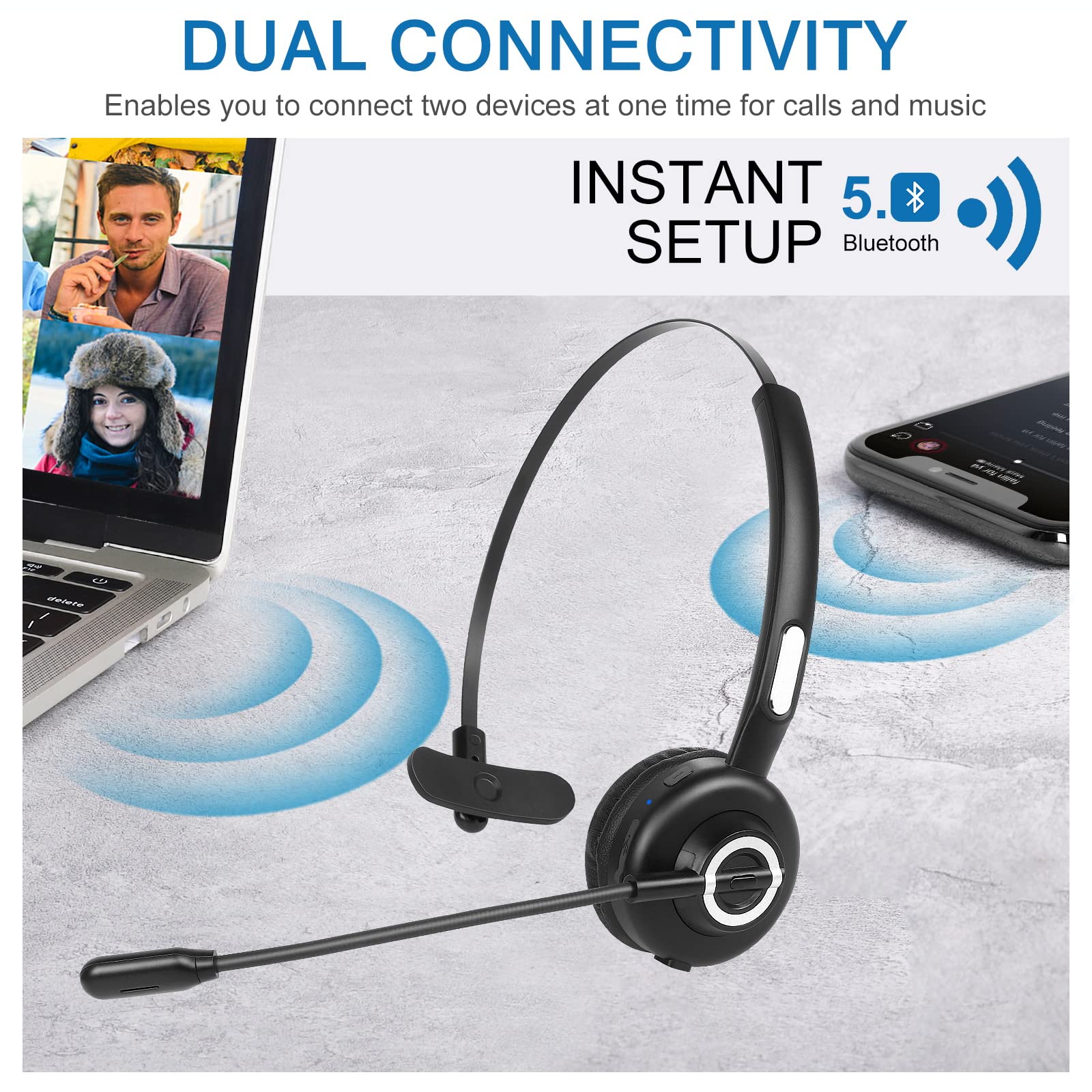 UX-M97 Wireless Bluetooth Headset with Microphone - Noise Cancelling Headphones with Charging Dock, Mute Function for Samsung Galaxy A32 5G | Perfect for Office Calls, Online Meetings & Gaming