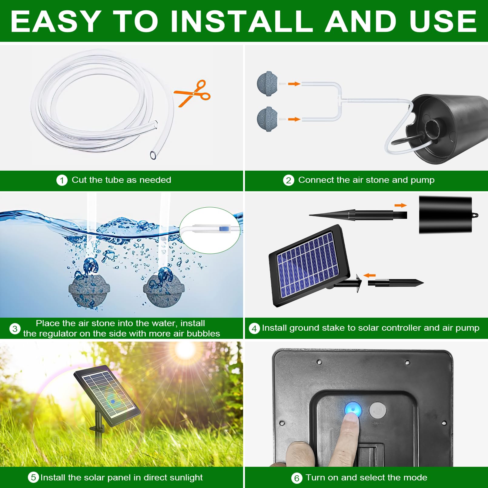 Solar Powered Pond Aerator Pump - 3 Timer Modes (18H/36H/72H) & Bubble Regulator - 4W 2200mAh Outdoor Oxygenator for Small Fish Ponds, Stock Tanks, Aquariums & Hydroponics - Perfect for Garden Water Features & Backyard Ponds