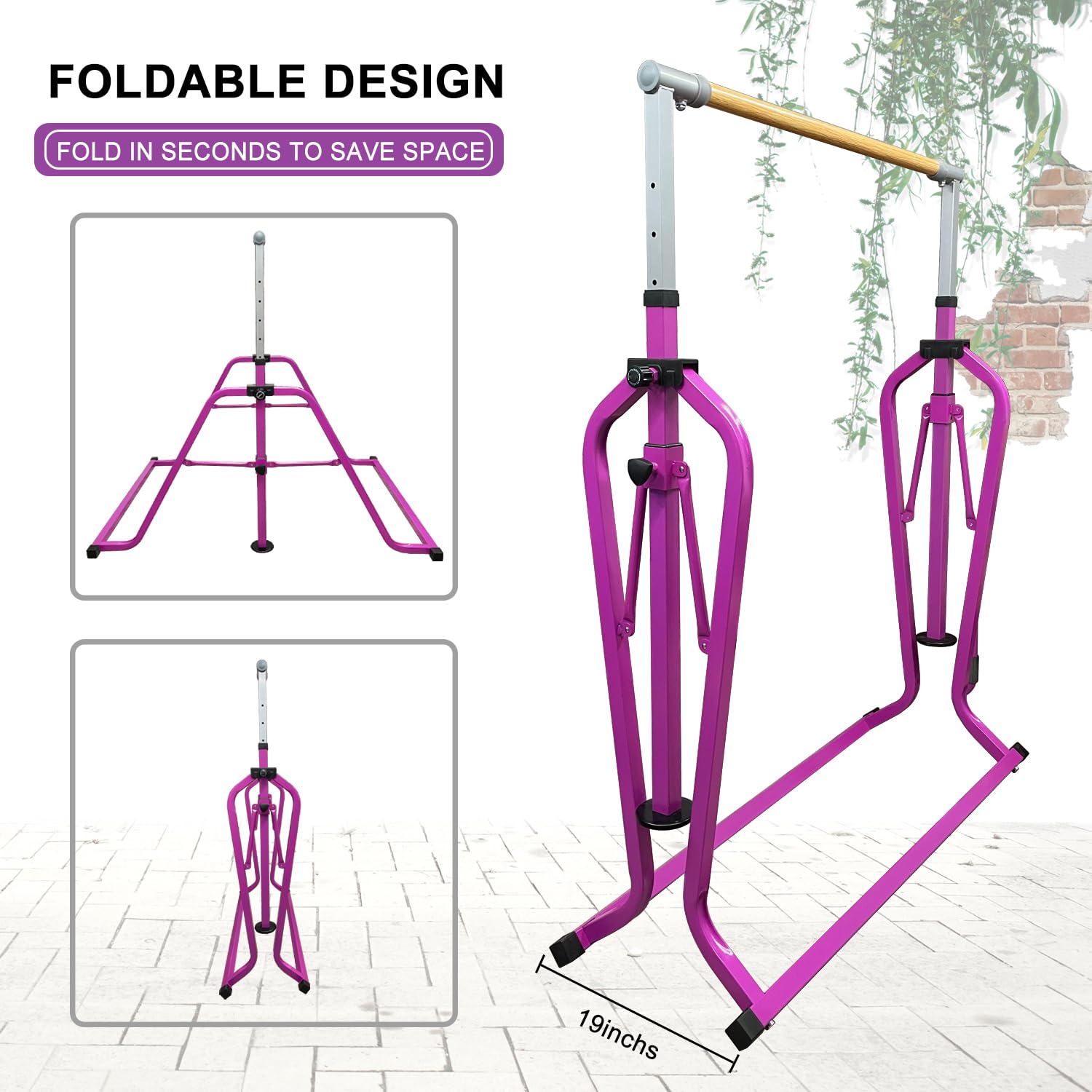 Adjustable Foldable Gymnastics Bar with Rings - 3' to 5' Height Junior Kip Bar for Home & Indoor Training - Perfect for Kids' Gymnastics Practice, Strength Training & Playtime Activities
