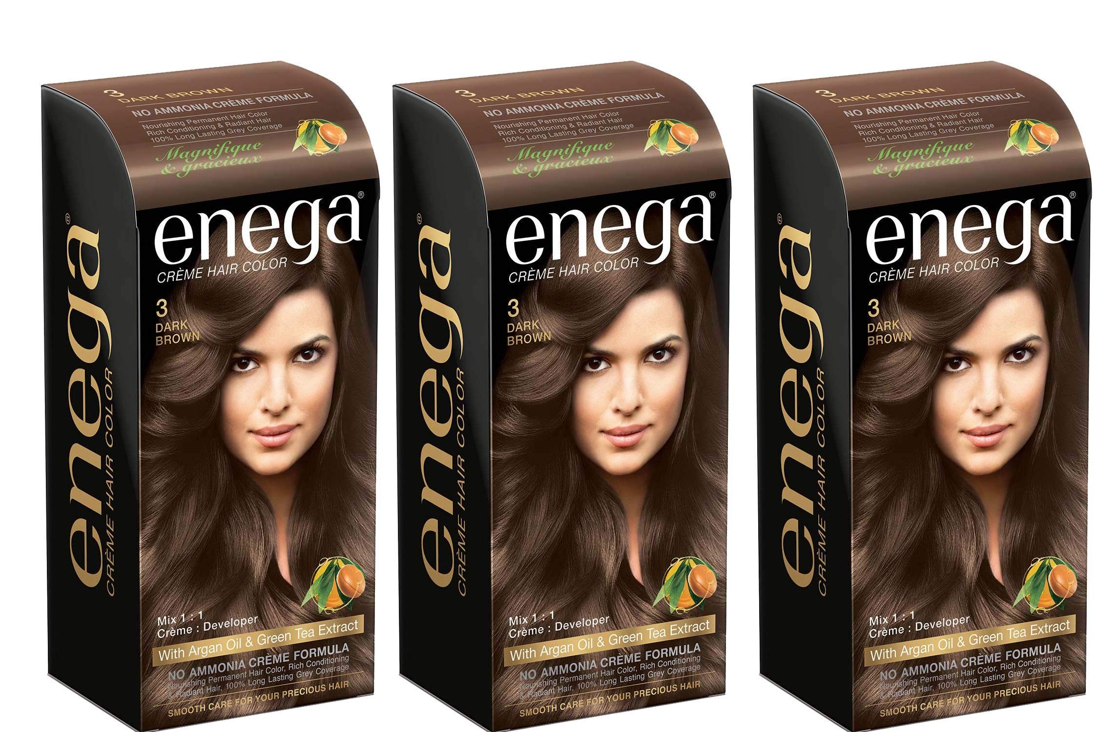Enega Ammonia-Free Long Lasting Gray Coverage Hair Dye with Argan Oil & Green Tea Extract - Dark Brown Creme Hair Color (150ml, Pack of 3) | For Natural-Looking Roots Touch Up & Full Head Coloring at Home