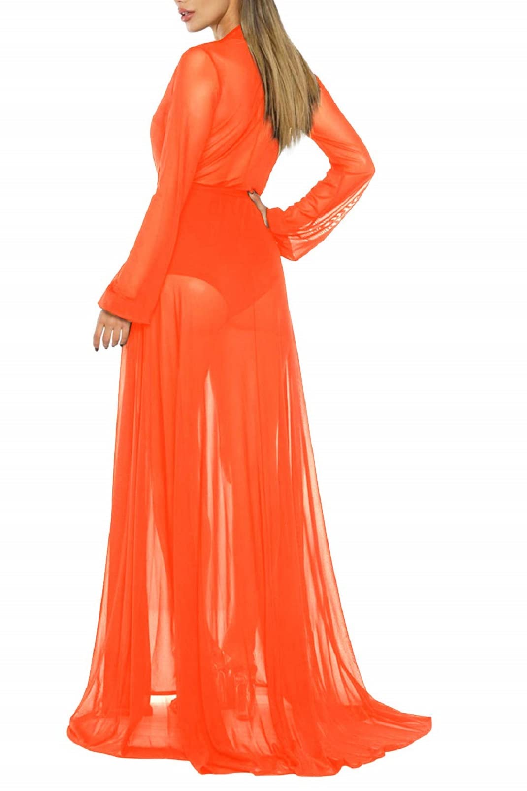 Sexy Mesh Long Sleeve Swim Cover Up Dress for Women - Tie Front Beach Maxi Dress - Perfect for Poolside, Beach Vacation & Summer Outings