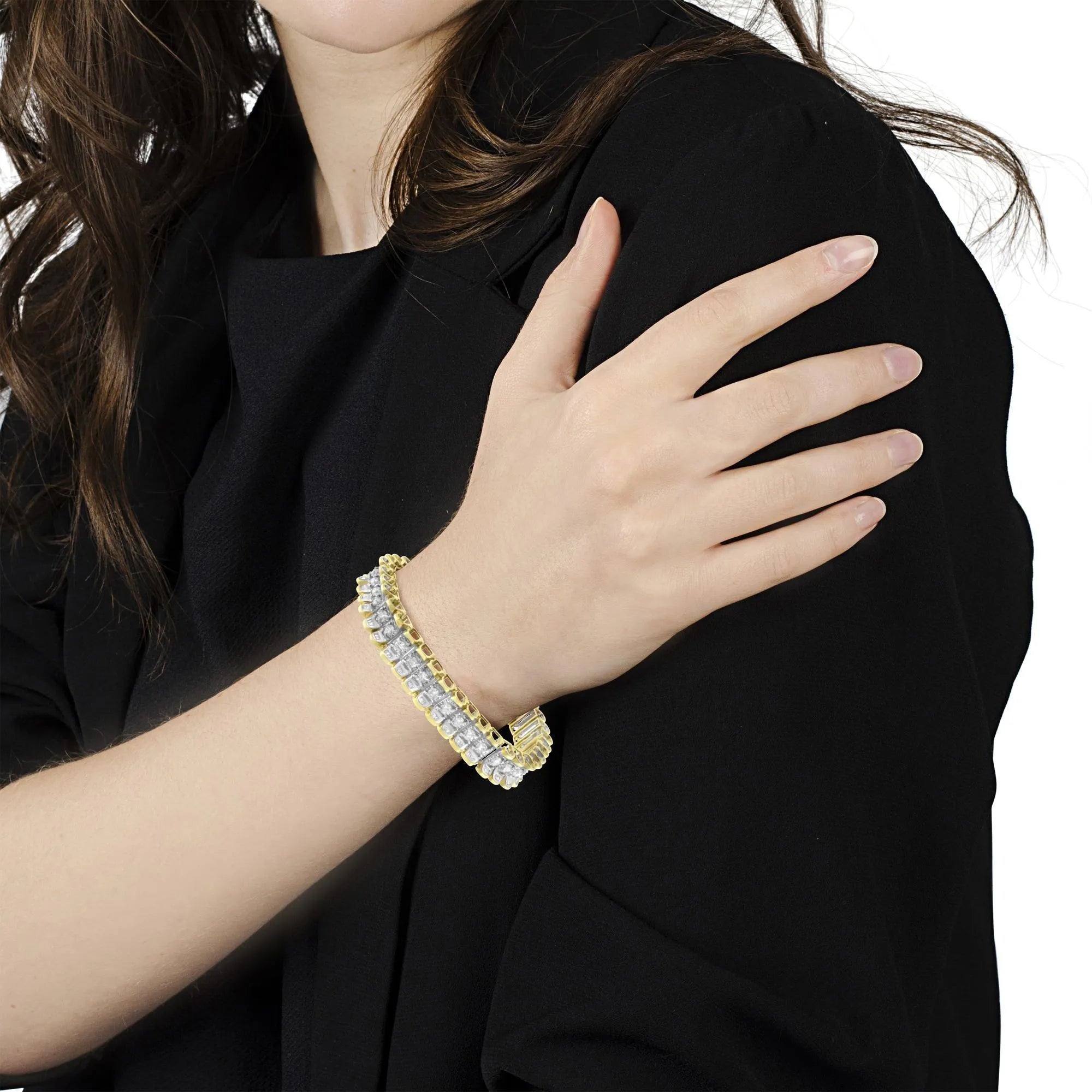 14K Yellow & White Gold 5.0 Carat Round & Baguette Cut Diamond Tennis Bracelet - Perfect for Weddings, Anniversaries & Special Occasions