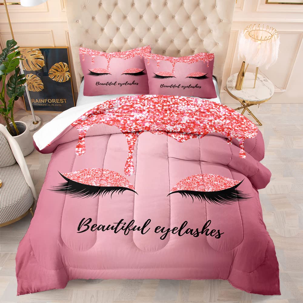 Pink Shine Closed Eyes Soft All Seasons Twin Comforter Set - Dramatic Beautiful Eyelashes Design for Teen Girls & Women | Cozy Bedroom Decor for Dorm, Apartment & Guest Room