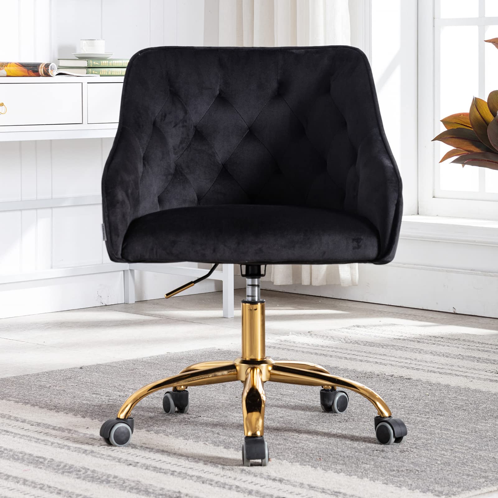 Goujxcy Velvet Home Office Chair - Modern Adjustable Swivel Desk Chair with Upholstered Seat, Ergonomic Executive Task Chair for Workstation, Vanity or Study Room - Black (Perfect for Remote Work & Gaming Setup)