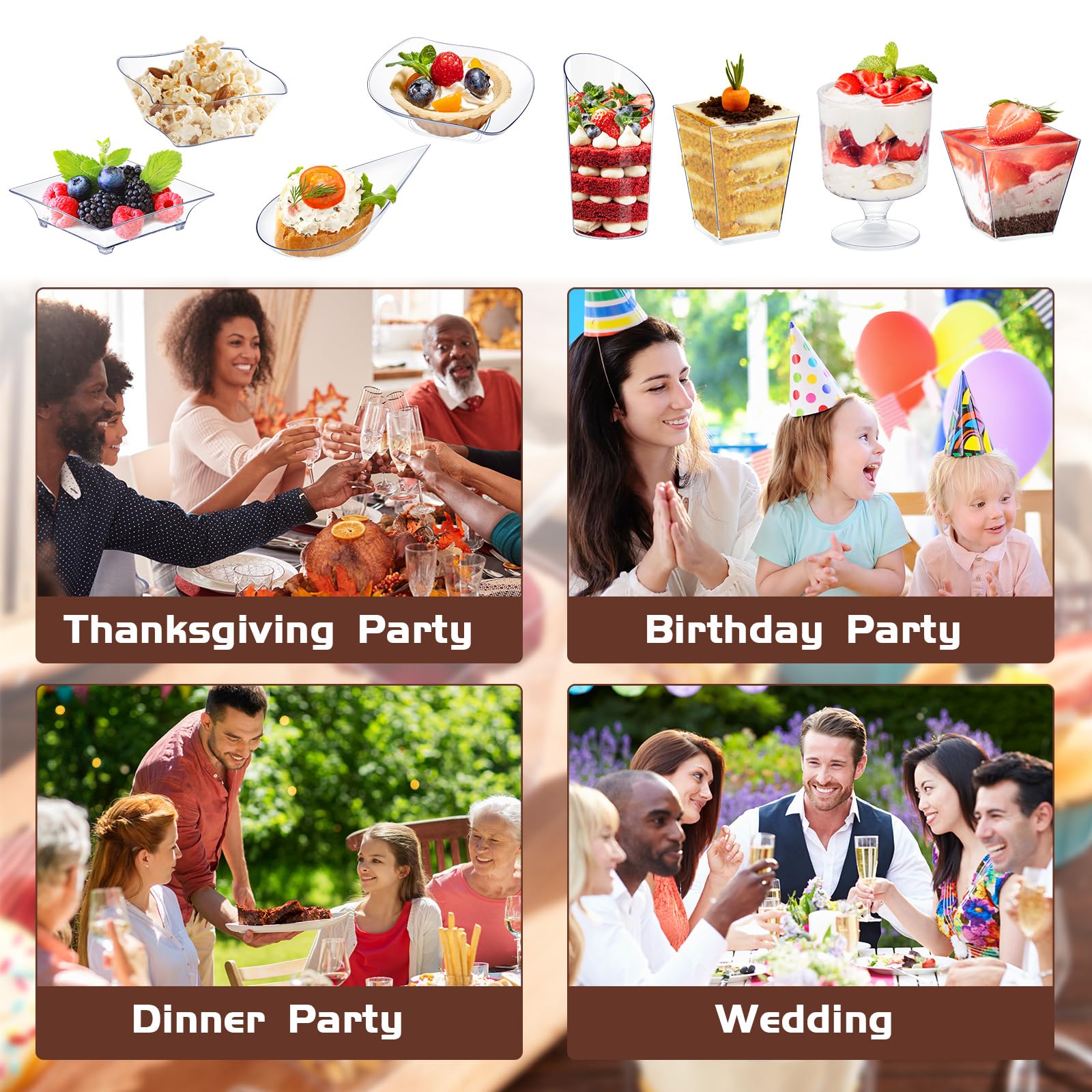 160-Piece Mini Clear Plastic Appetizer Plates & Dessert Cups Set with Spoons & Forks - Disposable Party Serving Supplies for Weddings, Birthdays, Catering (Assorted Shapes)