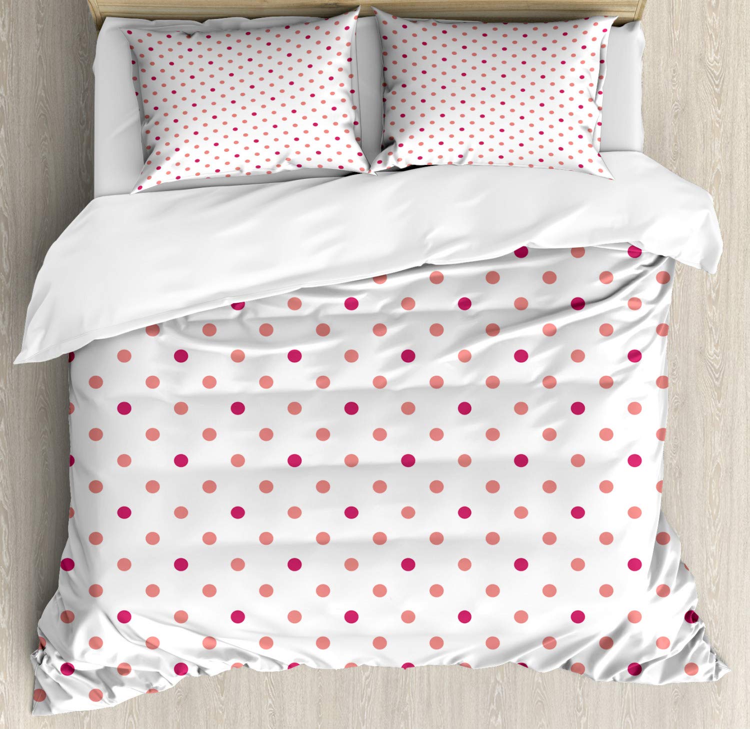 Ambesonne Coral Duvet Cover Set - Classic Retro Style Soft Polka Dot Pattern 3-Piece Bedding Set with 2 Pillow Shams, California King Size, Coral Hot Pink & White | Perfect for Coastal, Boho & Vintage Bedroom Decor