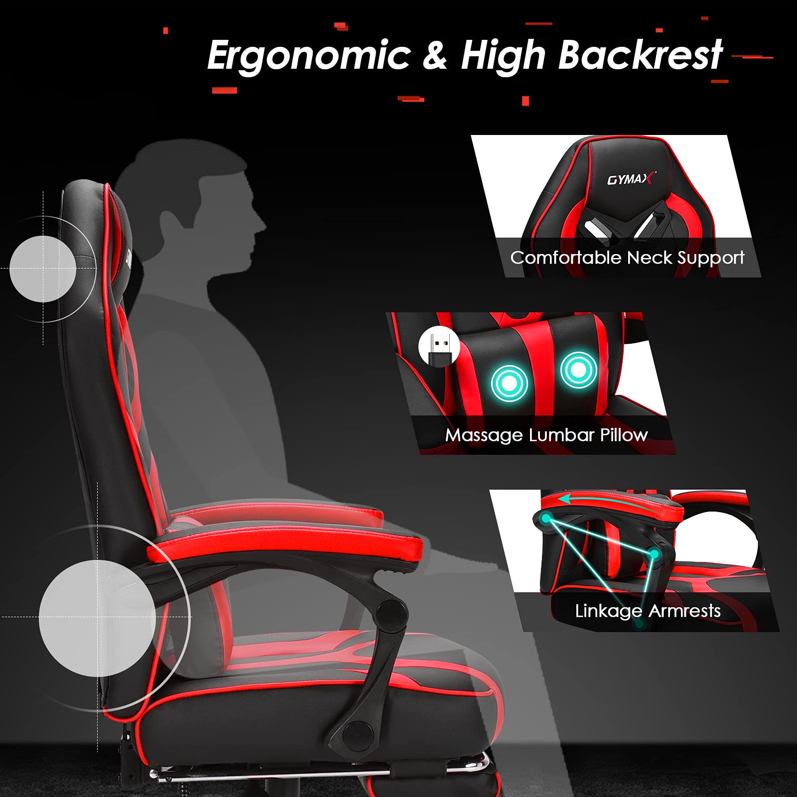 GYMAX Ergonomic Gaming Chair - Adjustable Racing Style Office Chair with Massage Lumbar Support, Retractable Footrest & Headrest - Perfect for PC Gaming, Home Theater & Workstation (Red)