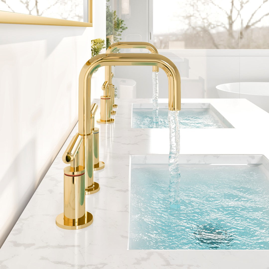 Eviva Purist 2-Handle Gooseneck Widespread Bathroom Faucet with Deck Plate - Gold Finish for Modern Vanity & Bathroom Upgrade | Perfect for Master Bath, Guest Bath & Powder Room Renovations