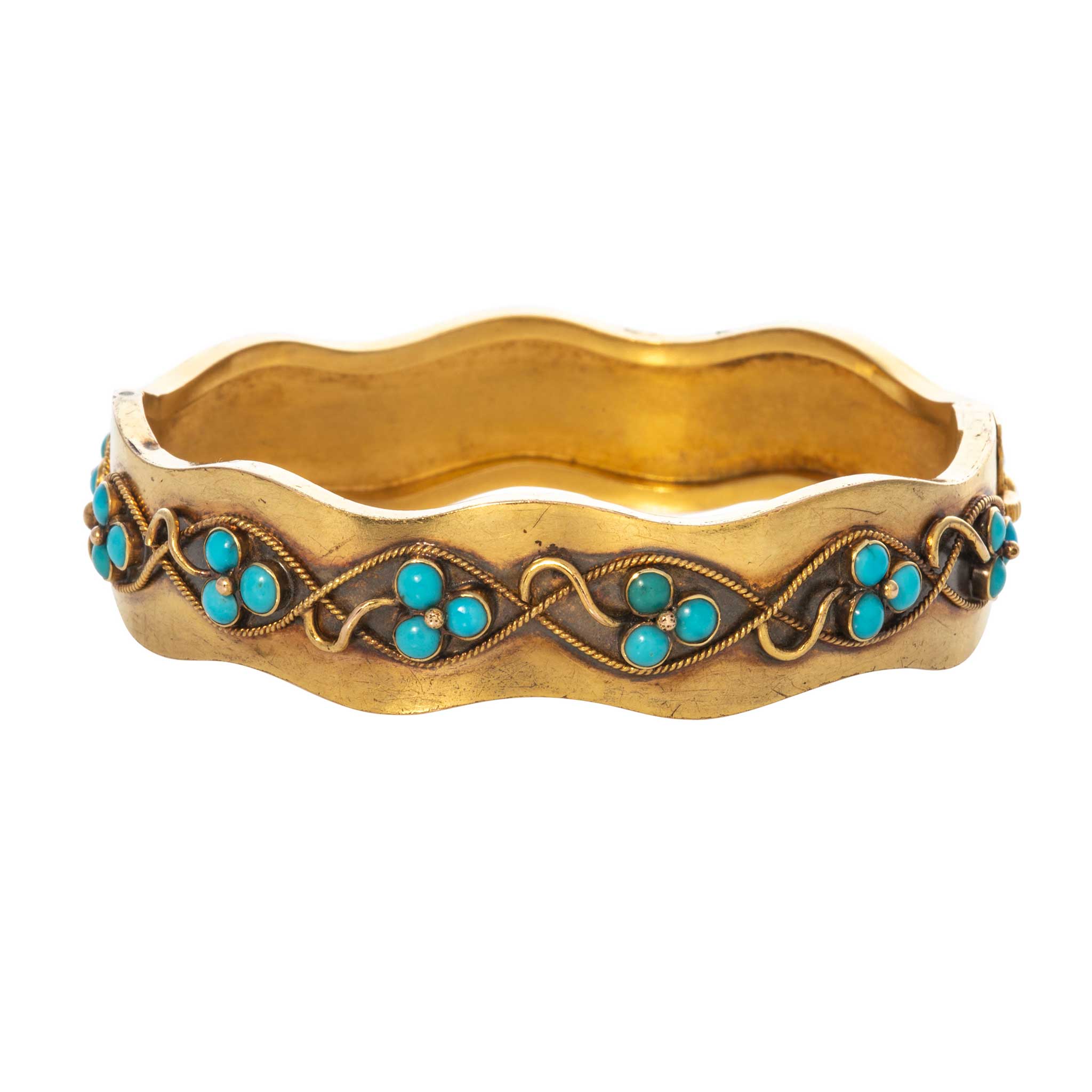 Victorian Style Turquoise Clover 14K Yellow Gold Wavy Bangle Bracelet - Elegant Jewelry for Women, Perfect Gift for Birthday, Anniversary & Special Occasions
