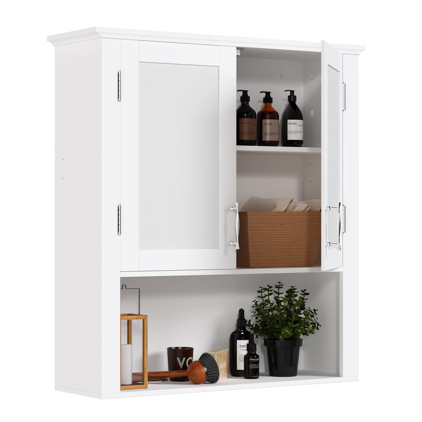 MEETWARM White Wall Mounted Bathroom Cabinet with Adjustable Shelves - Double Door Wood Medicine Storage Organizer Over Toilet - Perfect for Small Bathrooms, Powder Rooms & Apartment Storage Solutions