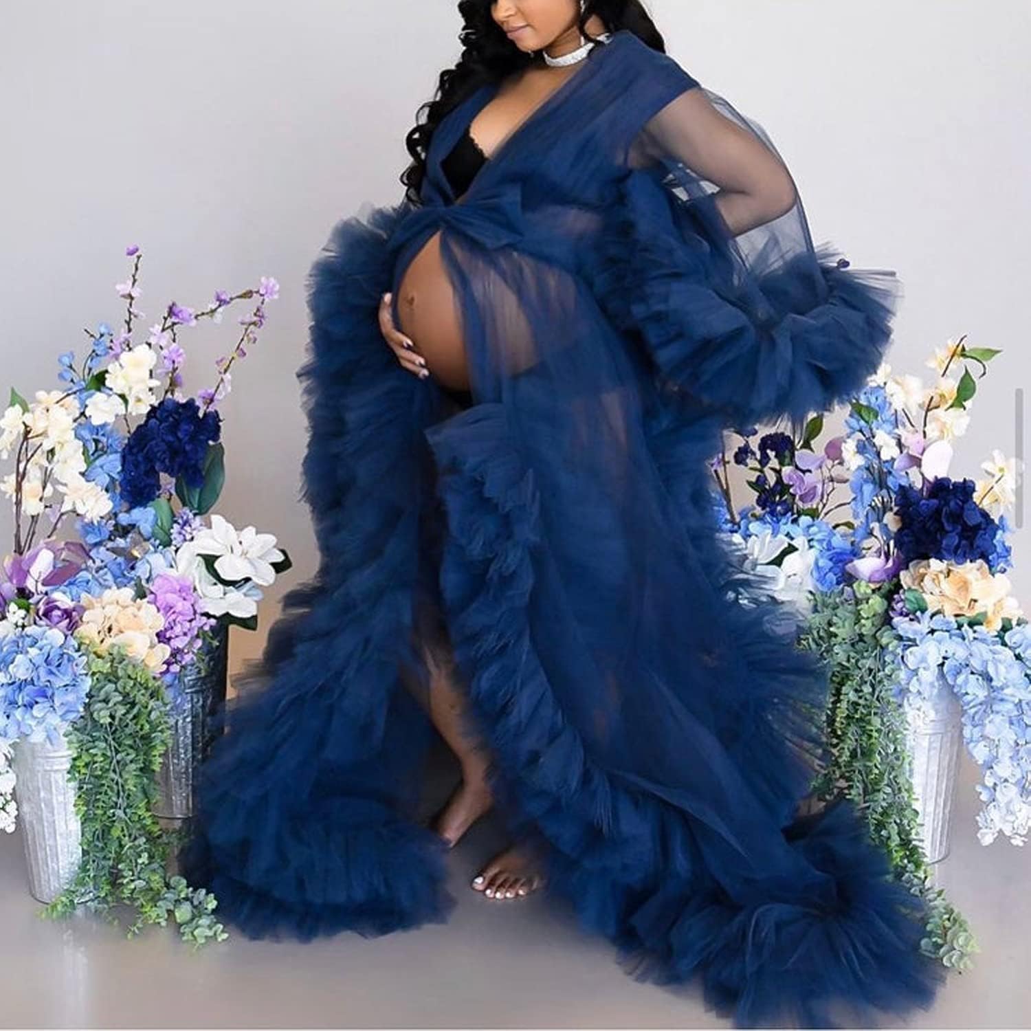 Elegant Long Tulle Bridal Robe with Open Front & Ruffle Details - Lingerie Nightgown for Wedding, Maternity Photoshoot & Special Occasions