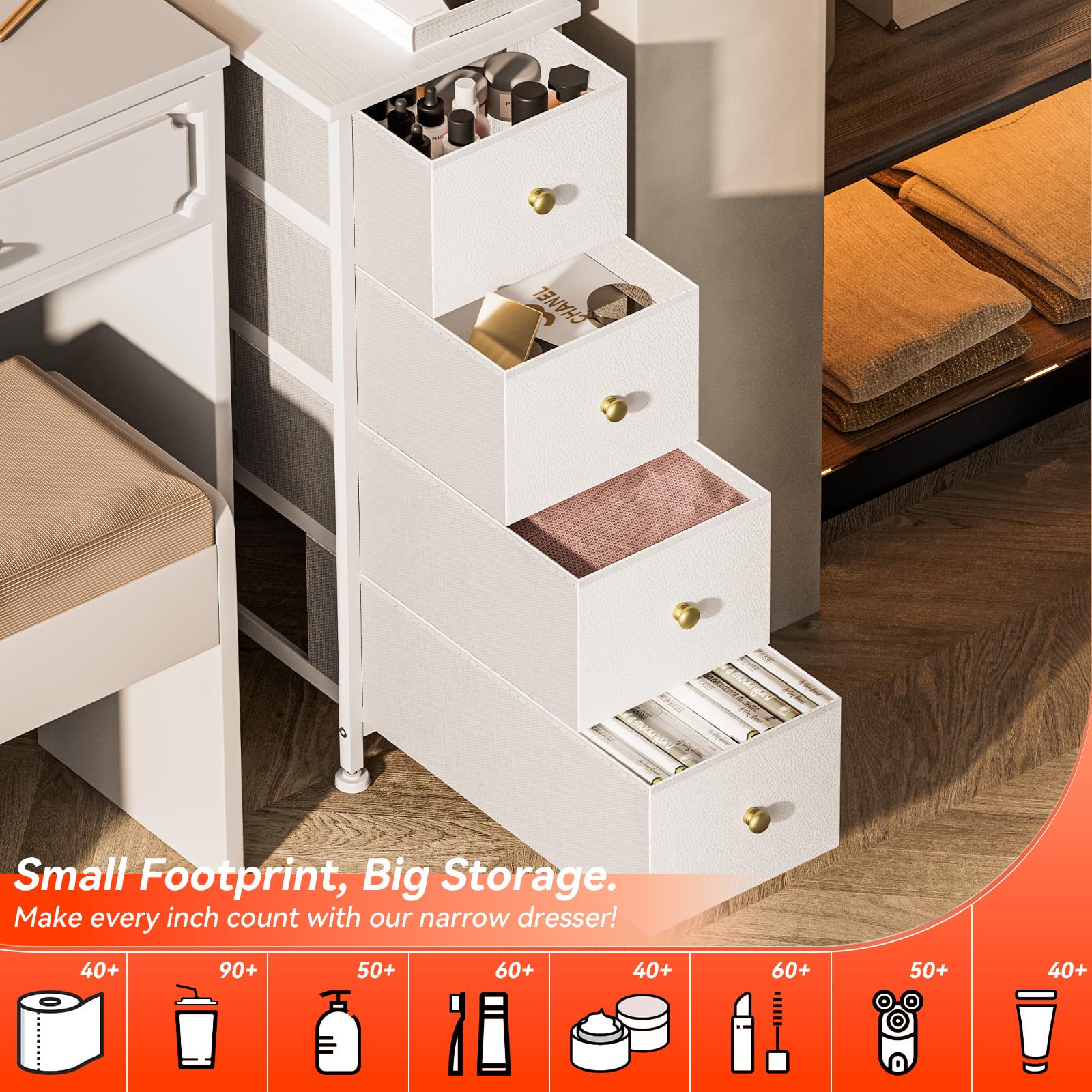 Slim 4-Drawer Dresser with Wood Top & Steel Frame - White for Bedroom & Small Spaces