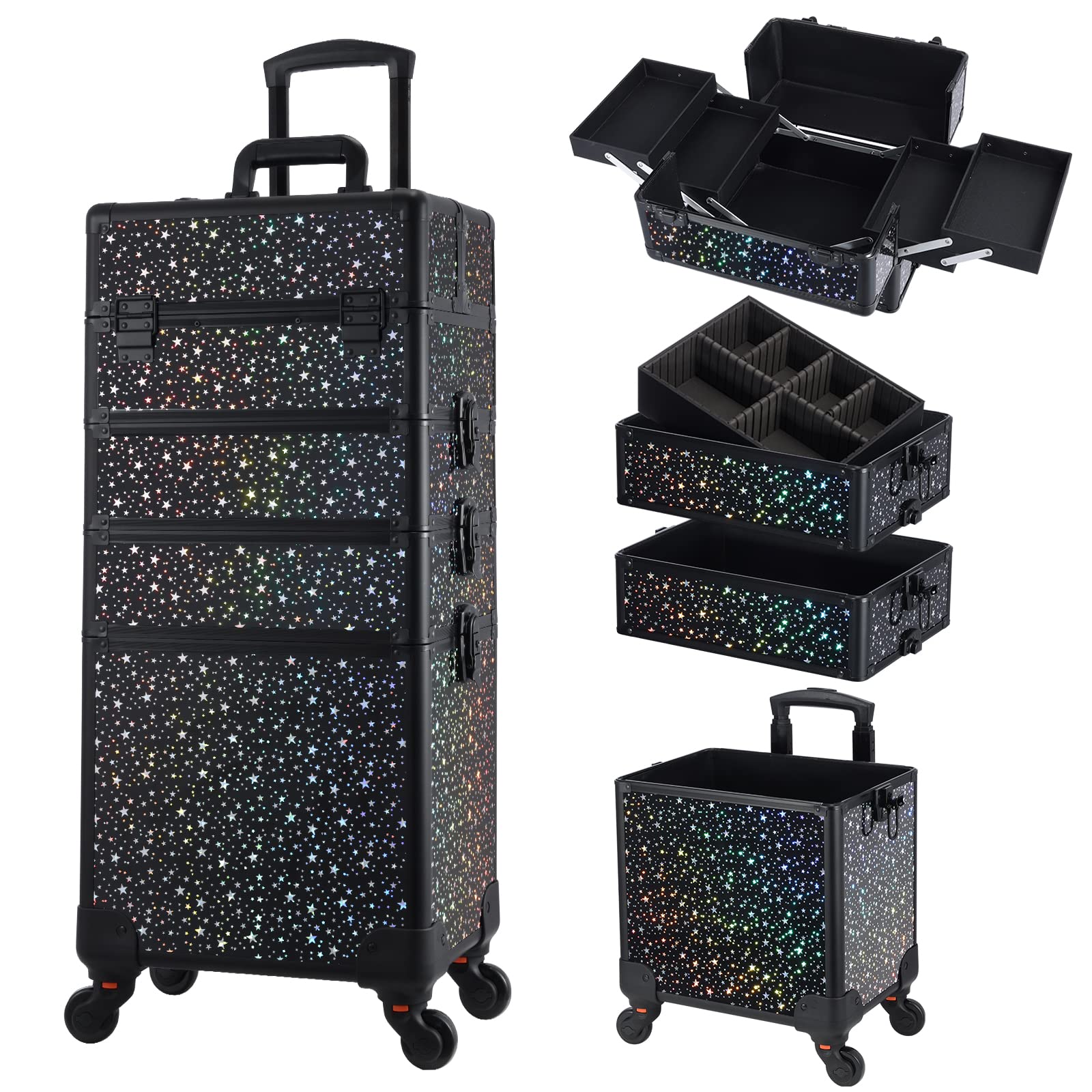 4 in 1 Rolling Makeup Case - Lockable Cosmetic Train Case with Wheels, Professional Salon Organizer for Hairstylists, Nail Technicians & Beauty Professionals - Shiny Black Star Design | Perfect for Travel, Salon Storage & Mobile Beauty Services