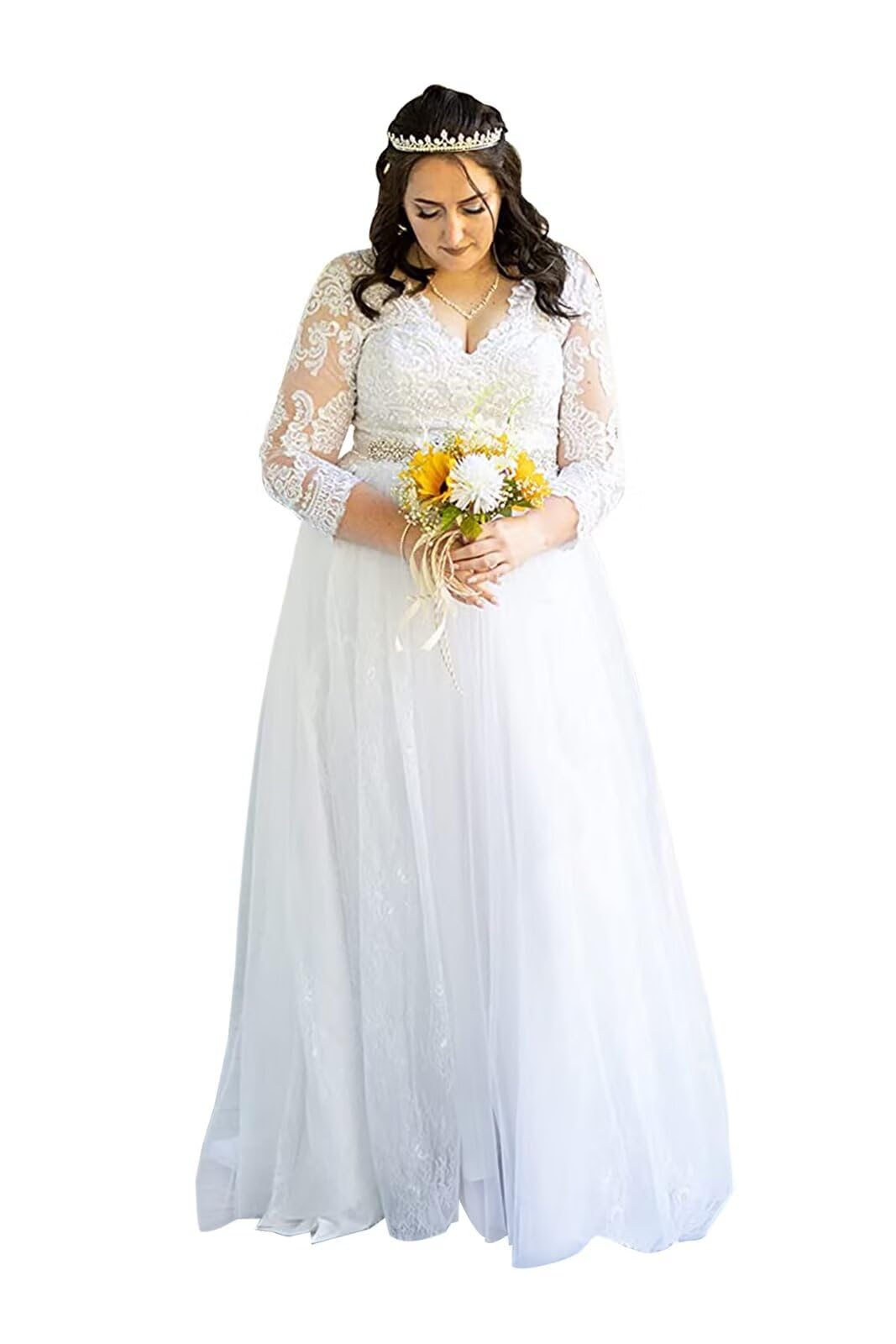 2024 Elegant Lace Beach Wedding Dress for Bride - Long Sleeve Bridal Gown with Floral Embroidery | Perfect for Beach Weddings, Destination Elopements & Romantic Photoshoots (Style: YZTS013)