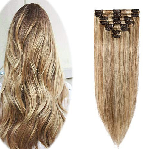 Hairro 100% Real Human Hair Clip-in Extensions 12 Inch #12/613 Golden Brown Balayage Blonde - 8pcs 55g Thin Weft with 18 Clips for Women | Straight Hair Extensions for Volume & Length | Perfect for Parties, Weddings & Daily Styling