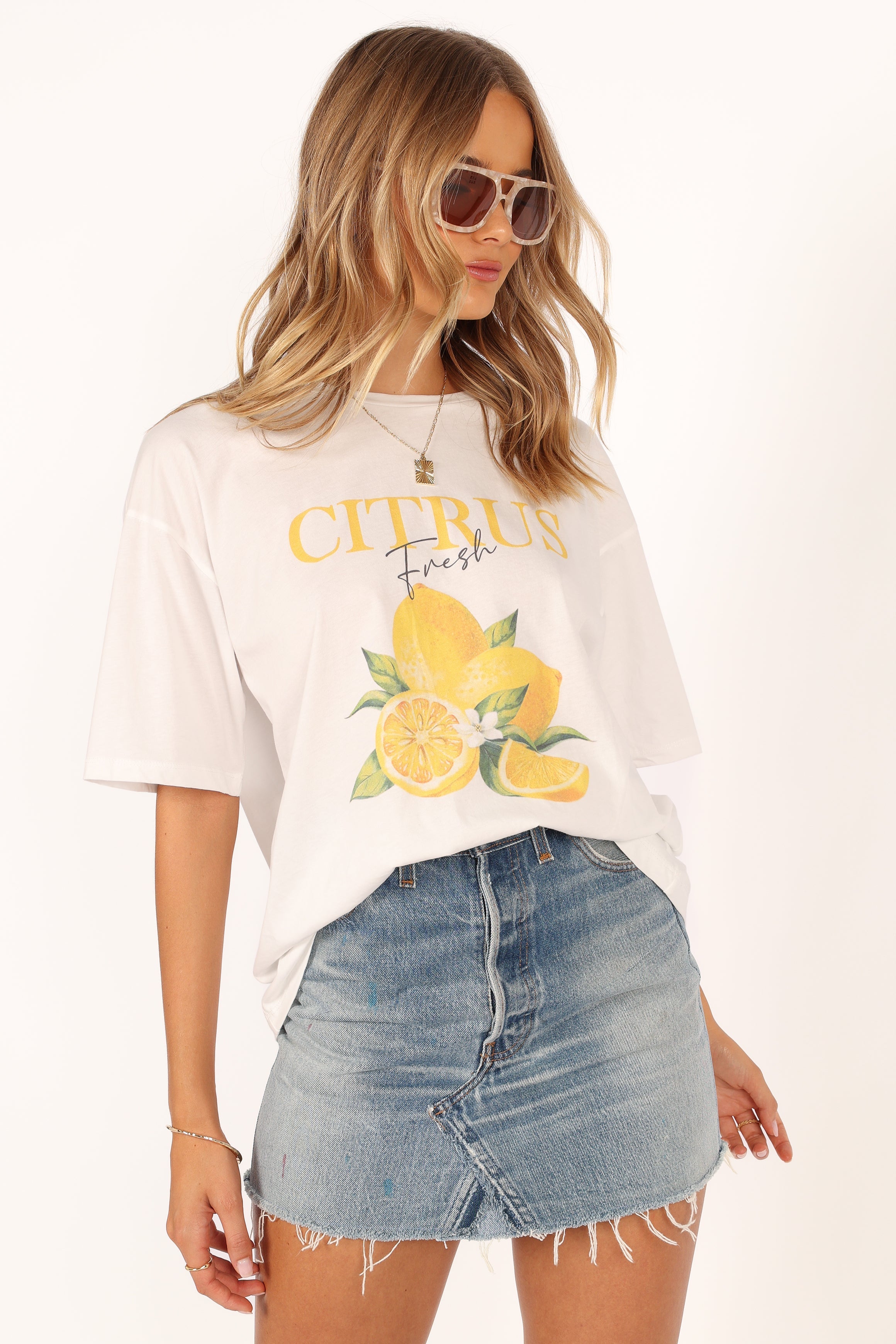 Citrus Print T-Shirt for Women - Soft Cotton White Tee - Casual Summer Top for Outings & Beach Wear