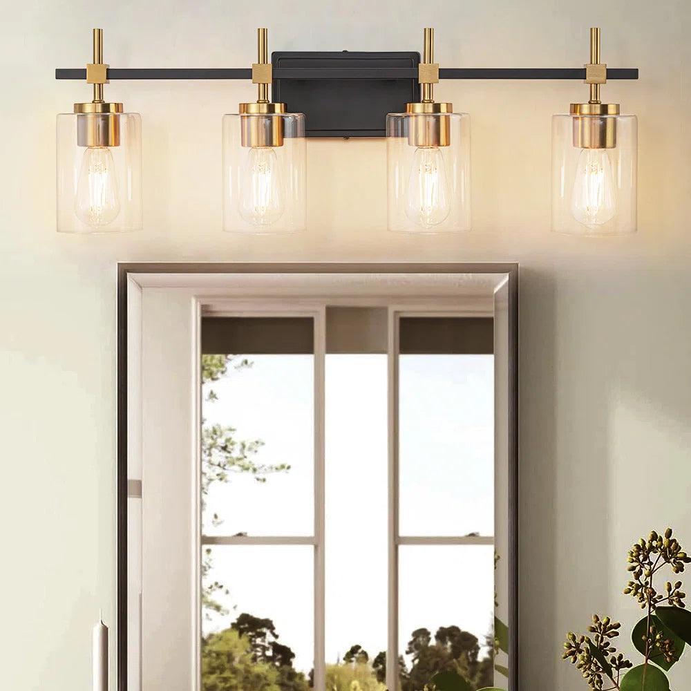 Jasper Black & Gold Clear Glass 4-Light Bathroom Vanity Light Fixture - Modern Elegant Lighting for Bathroom, Powder Room & Dressing Area