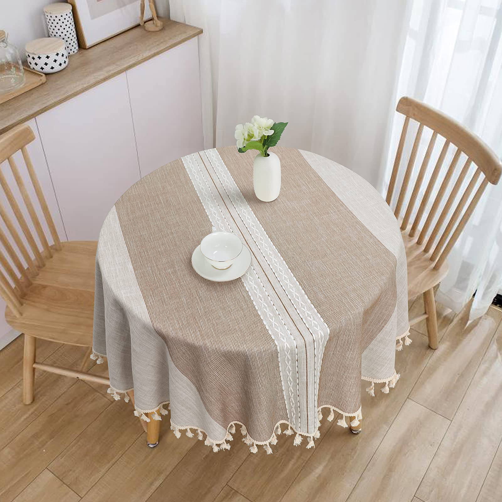 Vonabem Tassel Cotton Linen Tablecloth - Wrinkle-Free Round Kitchen Dining Table Cover (60 Inch, Brown) | Perfect for Dinner Parties, Holiday Gatherings & Restaurant Decor