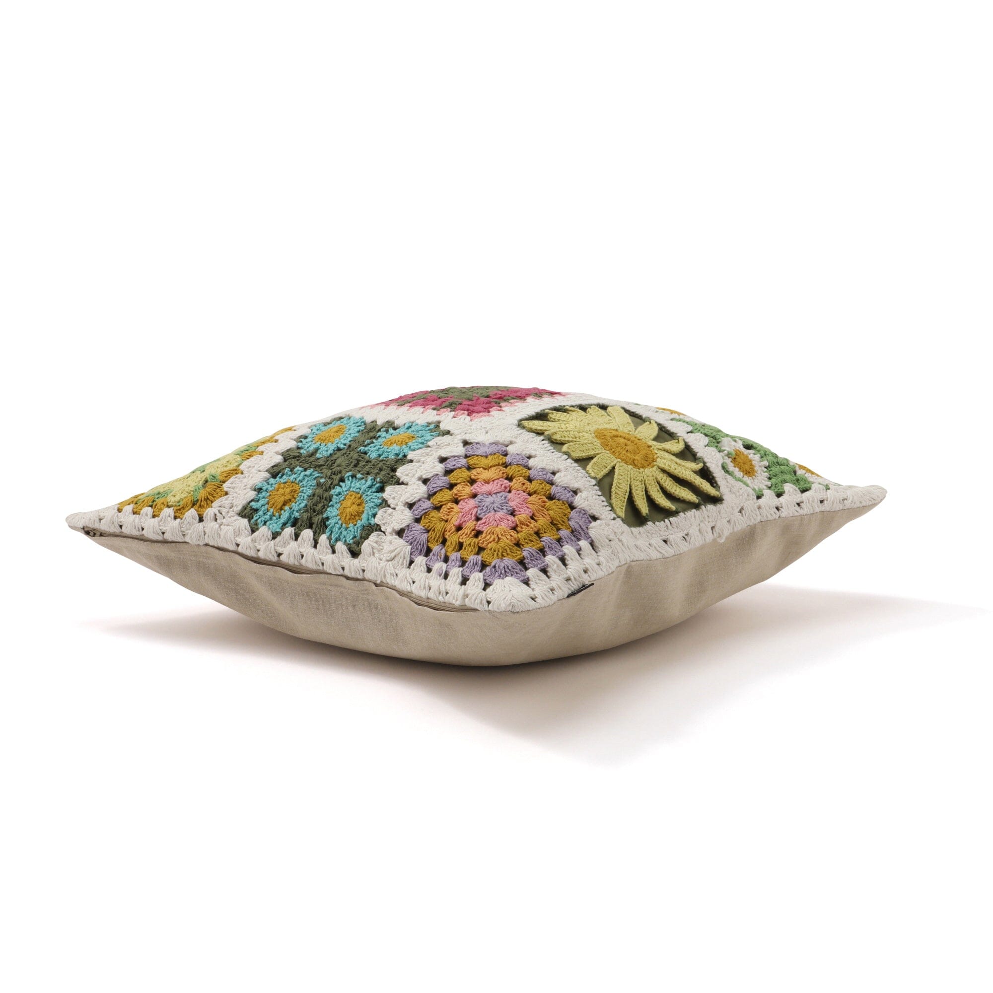 Handmade Crochet Flower Cushion Cover 18x18 Inches - Boho Home Decor for Sofa, Bed, Chair - Soft & Durable Cotton Pillow Case for Living Room, Bedroom, Nursery