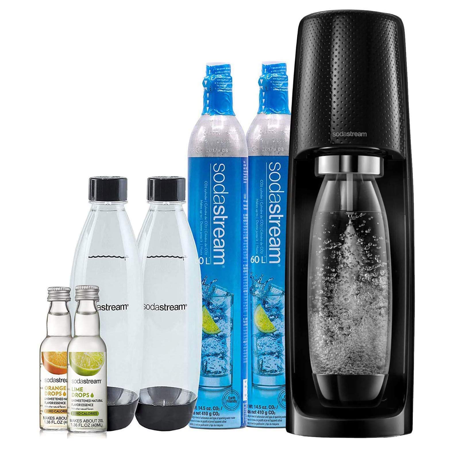 SodaStream Fizzi Sparkling Water Maker Kit (Black) - Includes CO2 Cylinder, BPA-Free Bottles & Zero Calorie Fruit Flavor Drops - Perfect for Home, Office & Parties