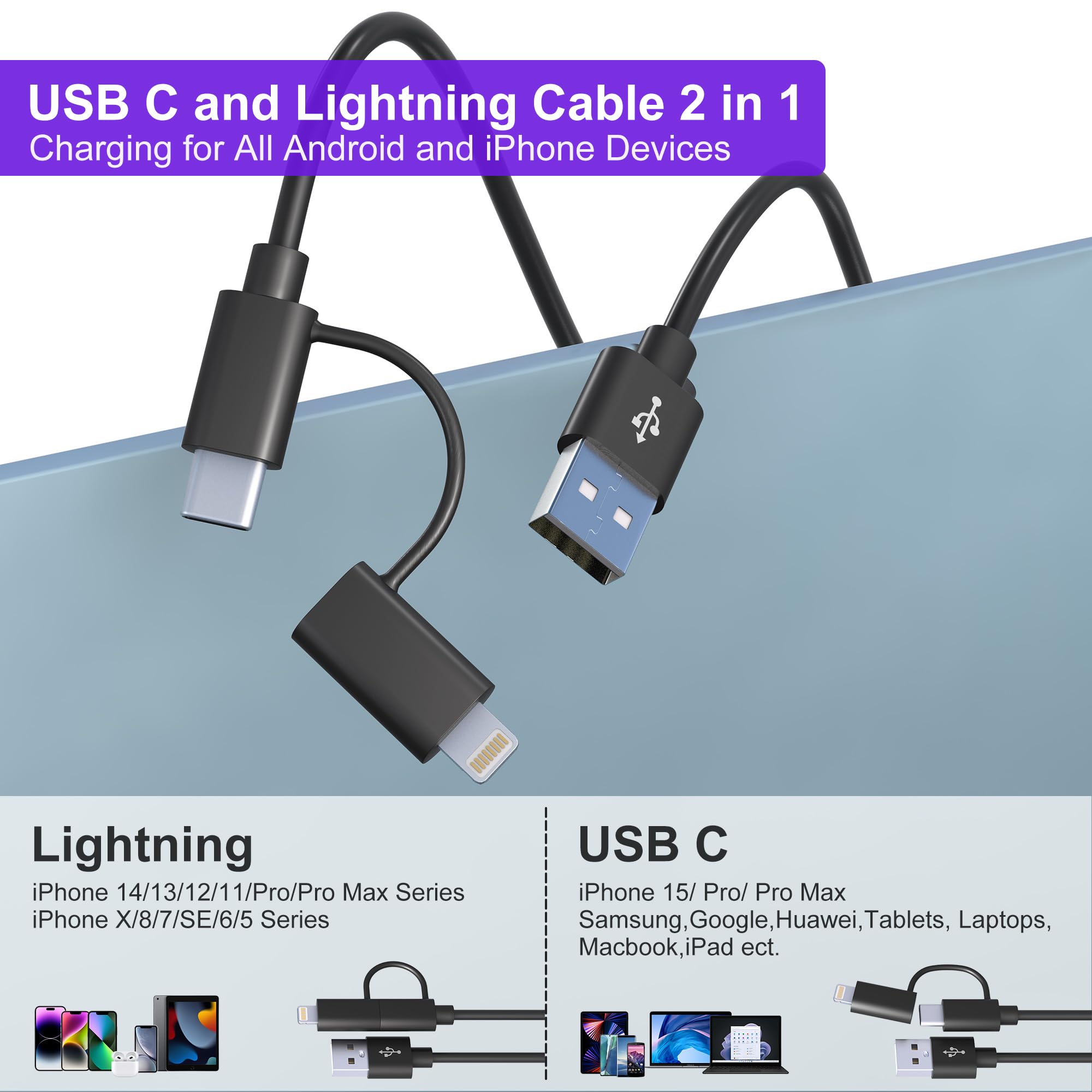 2-in-1 USB to USB-C & Lightning Coiled Cable - 3A Fast Charging & Data Sync for iPhone 15/14/13/12 & Android - 3FT Short Curly Cable (Supports Apple CarPlay & Android Auto) - Perfect for Car Charging, Home & Office Use