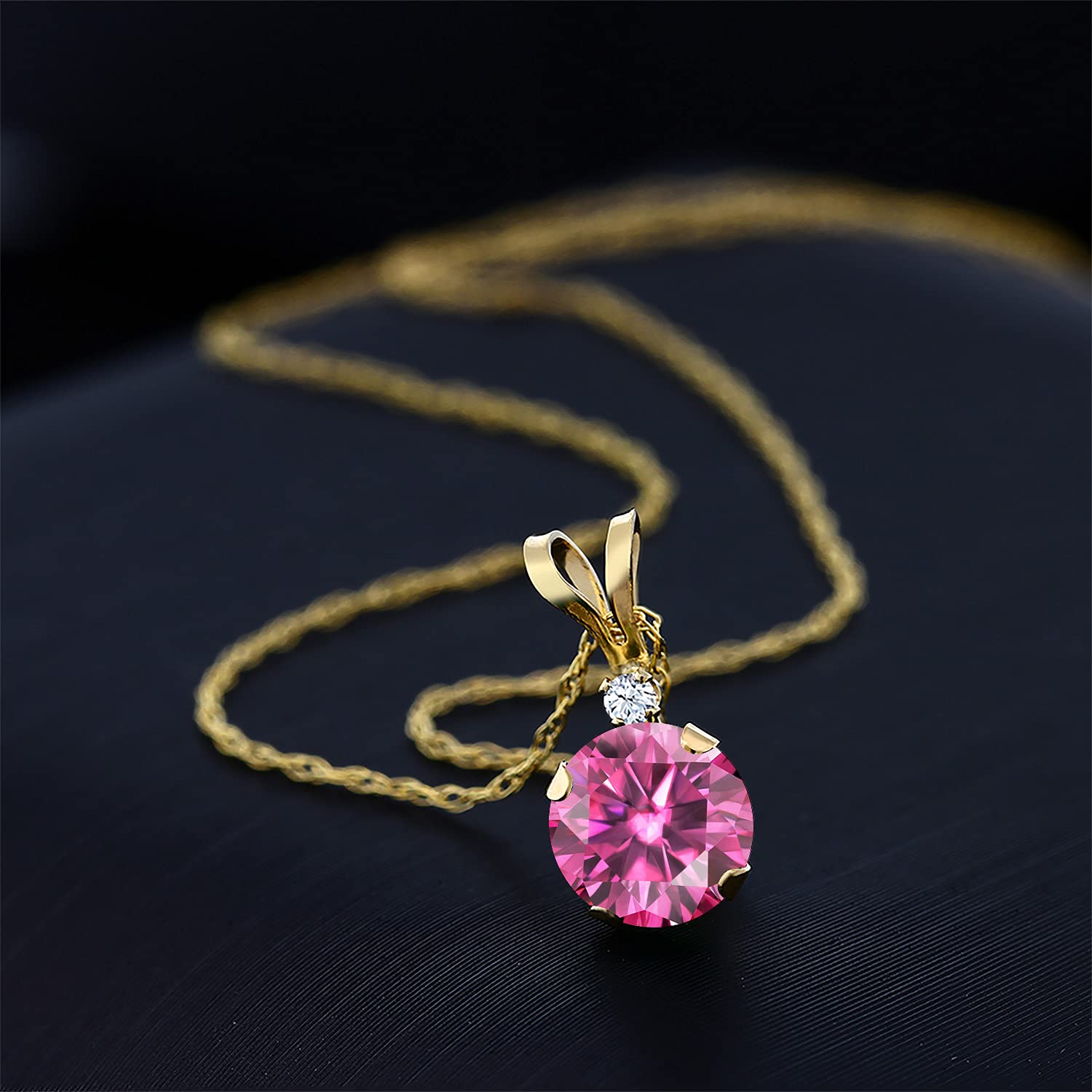 14K Yellow Gold Pendant Necklace with Round Pink Moissanite & Created Sapphire (0.82 CTTW) - Elegant Jewelry Gift for Women, Perfect for Anniversary, Birthday & Special Occasions