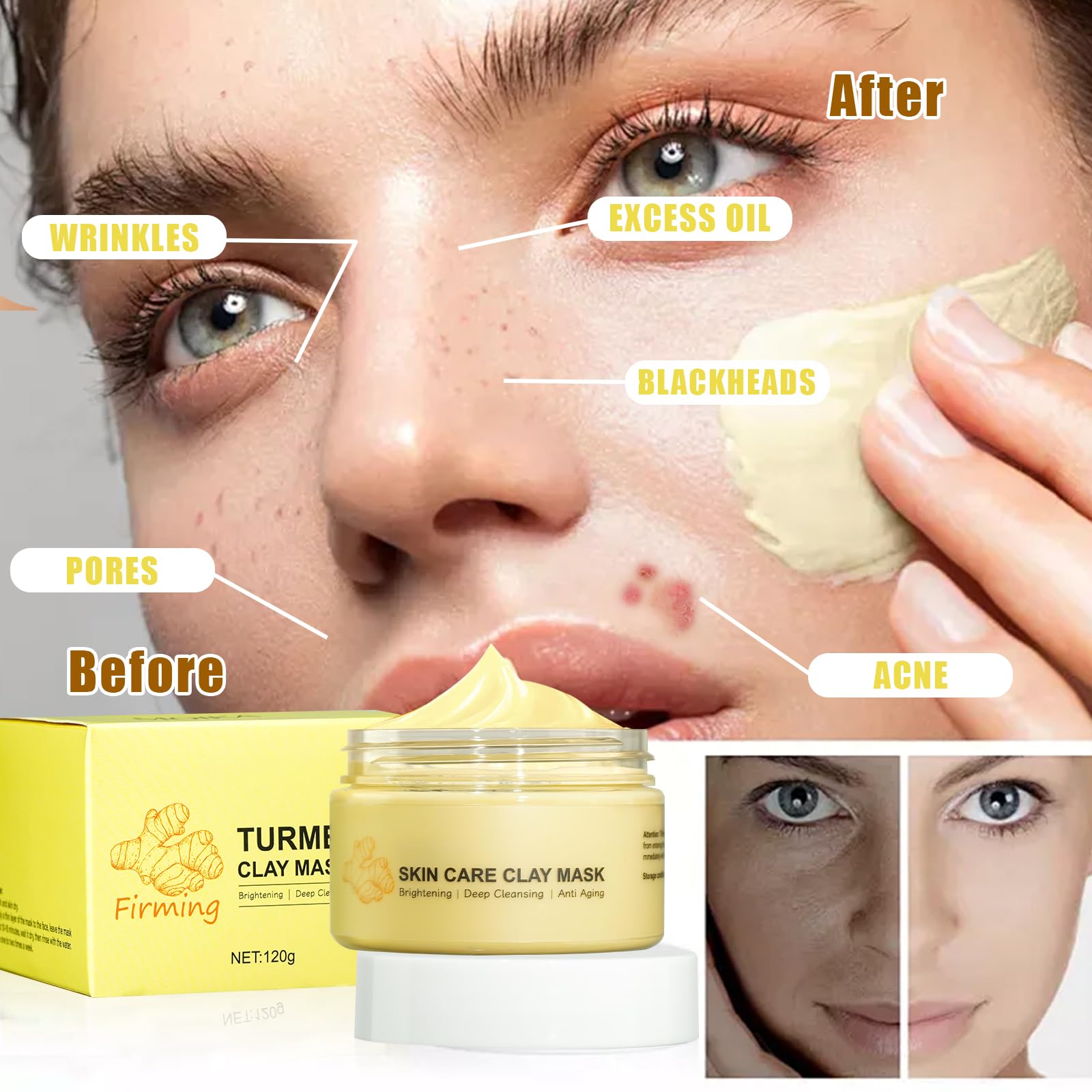 Turmeric Face Clay Mask & Turmeric Oil Skincare Kit - Vitamin C Deep Cleansing Facial Mask for Pores, Overnight Face Mask, Turmeric Face Oil for Dry Skin & Serum for Dermaplaning - Perfect for Nighttime Skincare Routine & Glowing Complexion