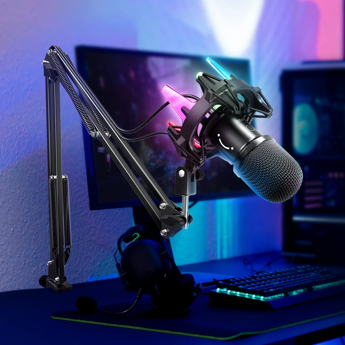 FIFINE USB Gaming Microphone Kit for PC - Dynamic Cardioid Mic with 8 RGB Colors, Shock Mount & Mute Button - Perfect for Podcasting, YouTube Streaming, Discord & Gaming (Home Studio Setup)