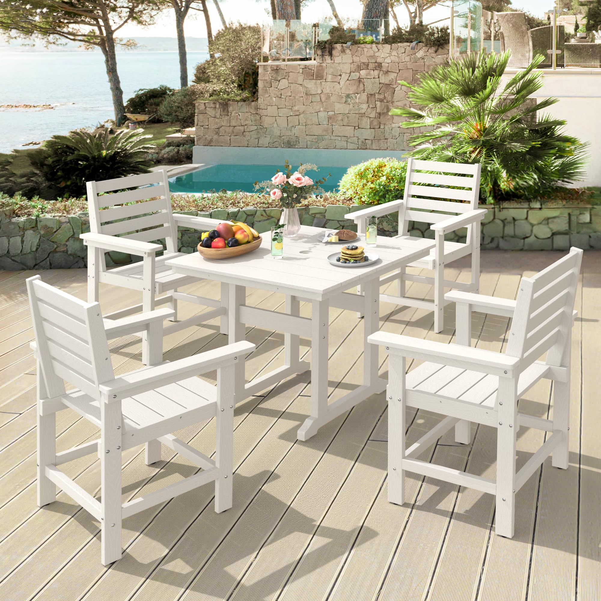 5-Piece Outdoor Patio Dining Set - HDPE Weather-Resistant Square Table with 4 Chairs & 1.95