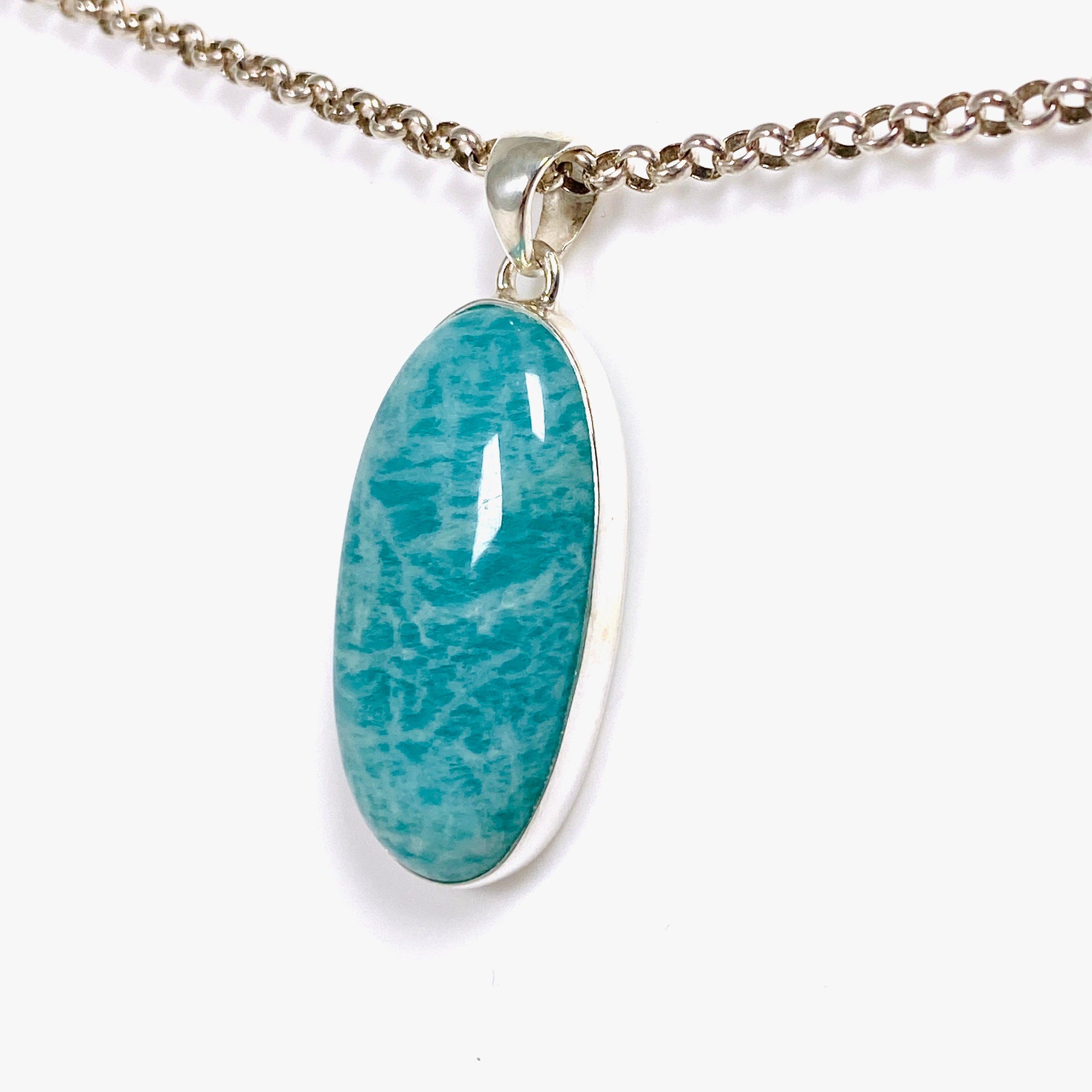 Natural Amazonite Oval Pendant Necklace - Sterling Silver 925 - Handmade Gemstone Jewelry KPGJ3740 for Women - Perfect for Gifts, Meditation & Spiritual Healing