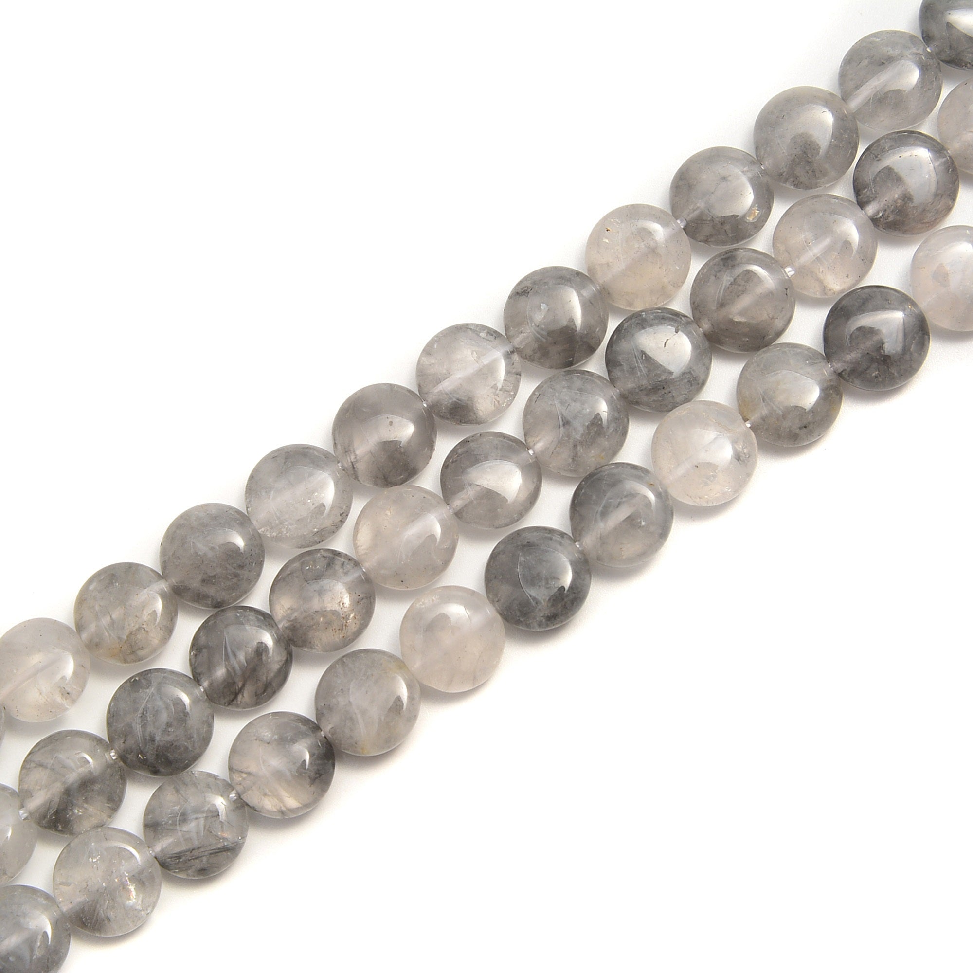 10mm Cloudy Gray Quartz Smooth Flat Round Coin Beads - 15.5 Inch Strand for Jewelry Making, DIY Bracelets & Necklaces