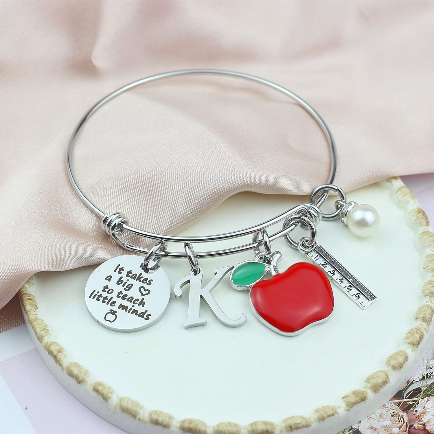 Scwasen Initial Teacher Bracelet for Women - Heart Shaped Teacher Appreciation Jewelry Gift with 'It Takes a Big Heart to Teach Little Minds' Engraving - Perfect Thank You Present for Teachers Day, Graduation, Retirement & Special Occasions