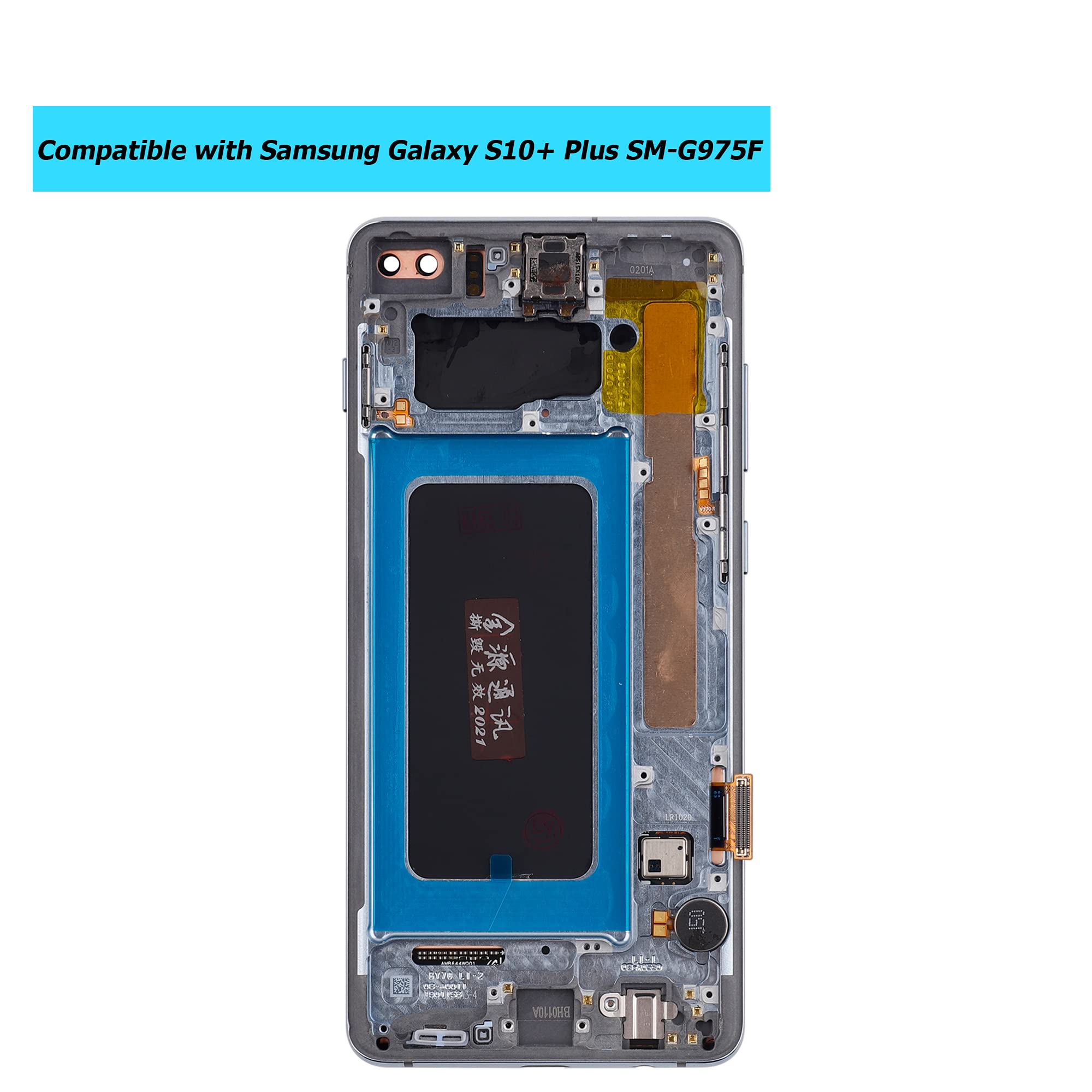 Samsung Galaxy S10+ Plus AMOLED LCD Touch Screen Display Replacement - Compatible with SM-G975F SM-G975U SM-G975W Models (Blue with Frame & Tools) - Perfect for DIY Phone Repair & Screen Replacement