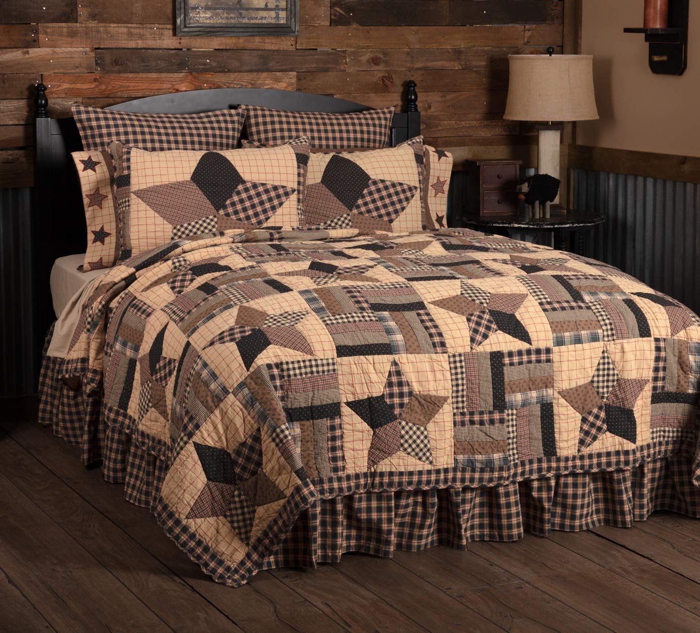 VHC Brands Bingham Star Cotton Americana Bedding - Pre-Washed Patchwork Square Queen Quilt in Soft Black | Cozy & Durable for Master Bedroom, Guest Room or Farmhouse Decor