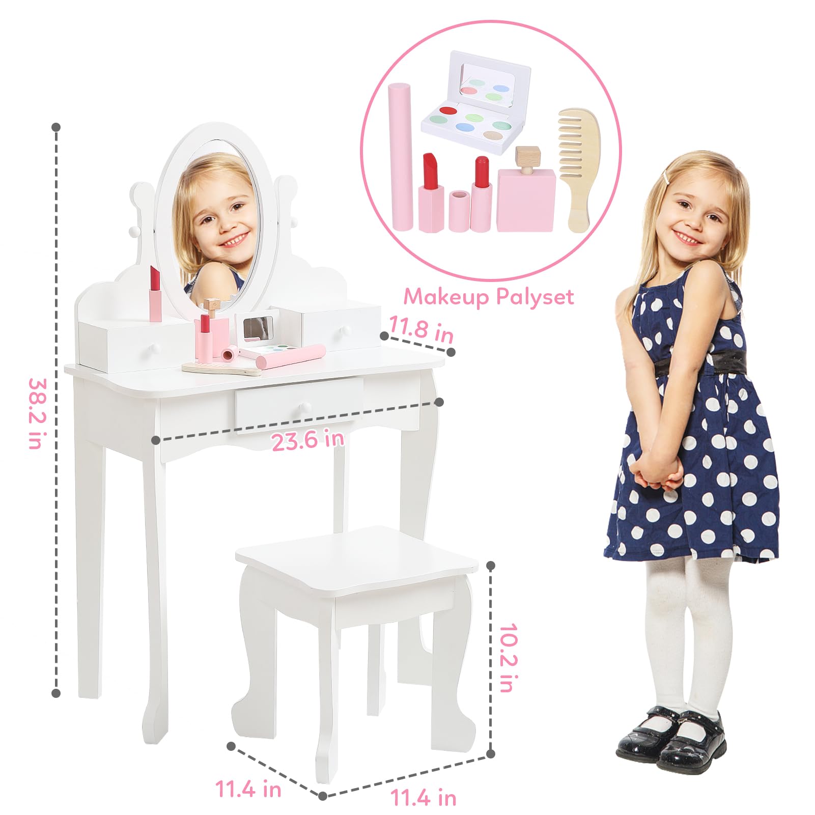 **White Wooden Kids Vanity Set with Mirror, Makeup Table & Stool - Princess Dress-Up Play Set for Girls Ages 4-9 - Perfect for Birthday Gifts, Pretend Play & Bedroom Decor**