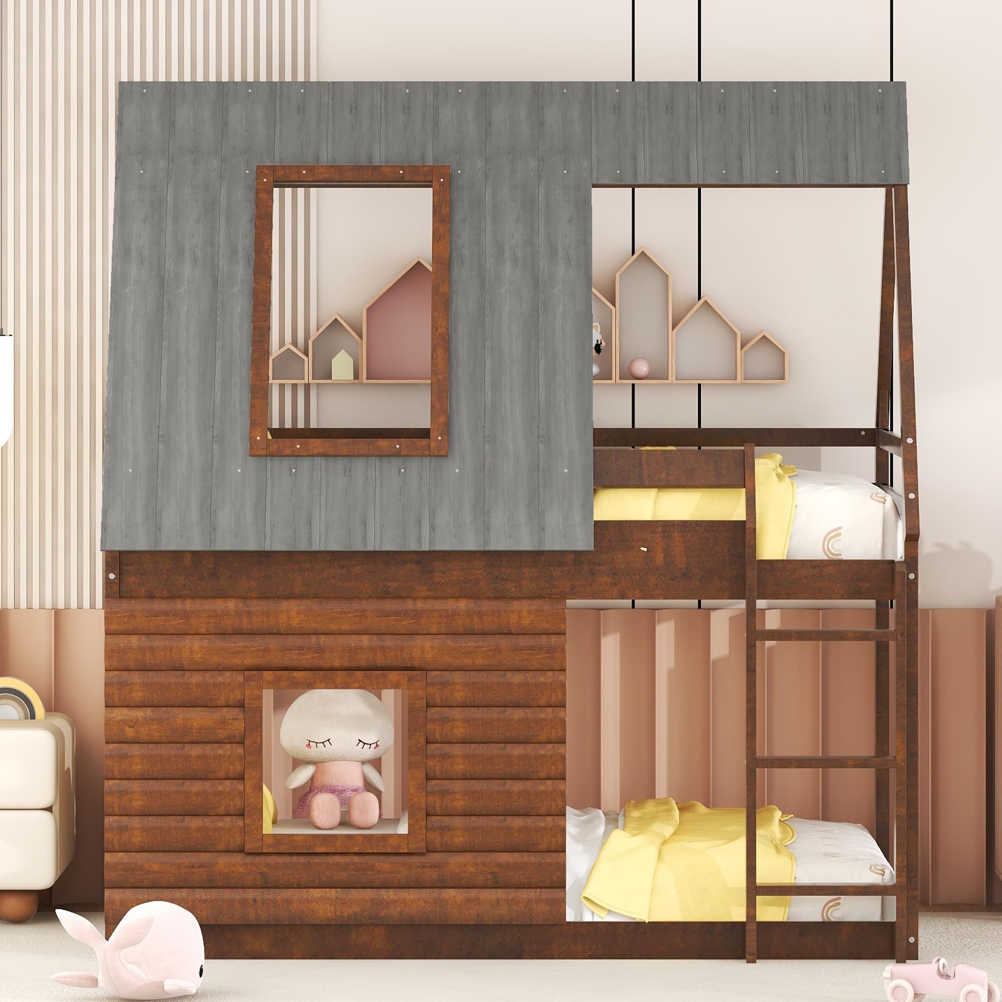 P PURLOVE Twin Over Twin Kids House Bunk Bed with Roof - Wooden Loft Bed Frame with 2 Windows & Ladder - Space-Saving House-Shaped Bunk Bed for Children's Bedroom, Playroom or Small Spaces