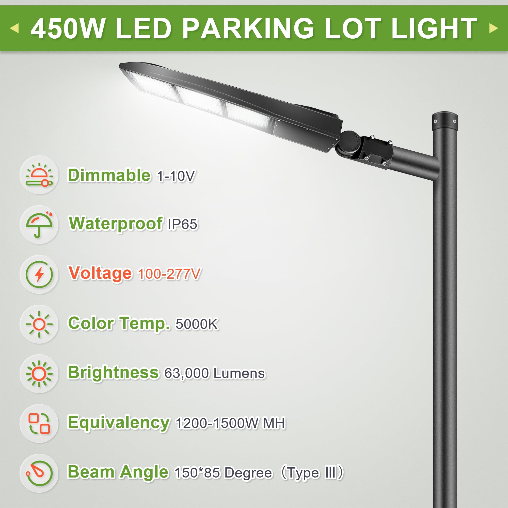 450W LED Parking Lot Lights - DLC UL Certified, 63,000LM 5000K, 100-277V, 20KV Surge Protector, 1-10V Dimmable (Equivalent to 1000-1500W MH) - Perfect for Street Lighting, Warehouse, and Outdoor Area Illumination