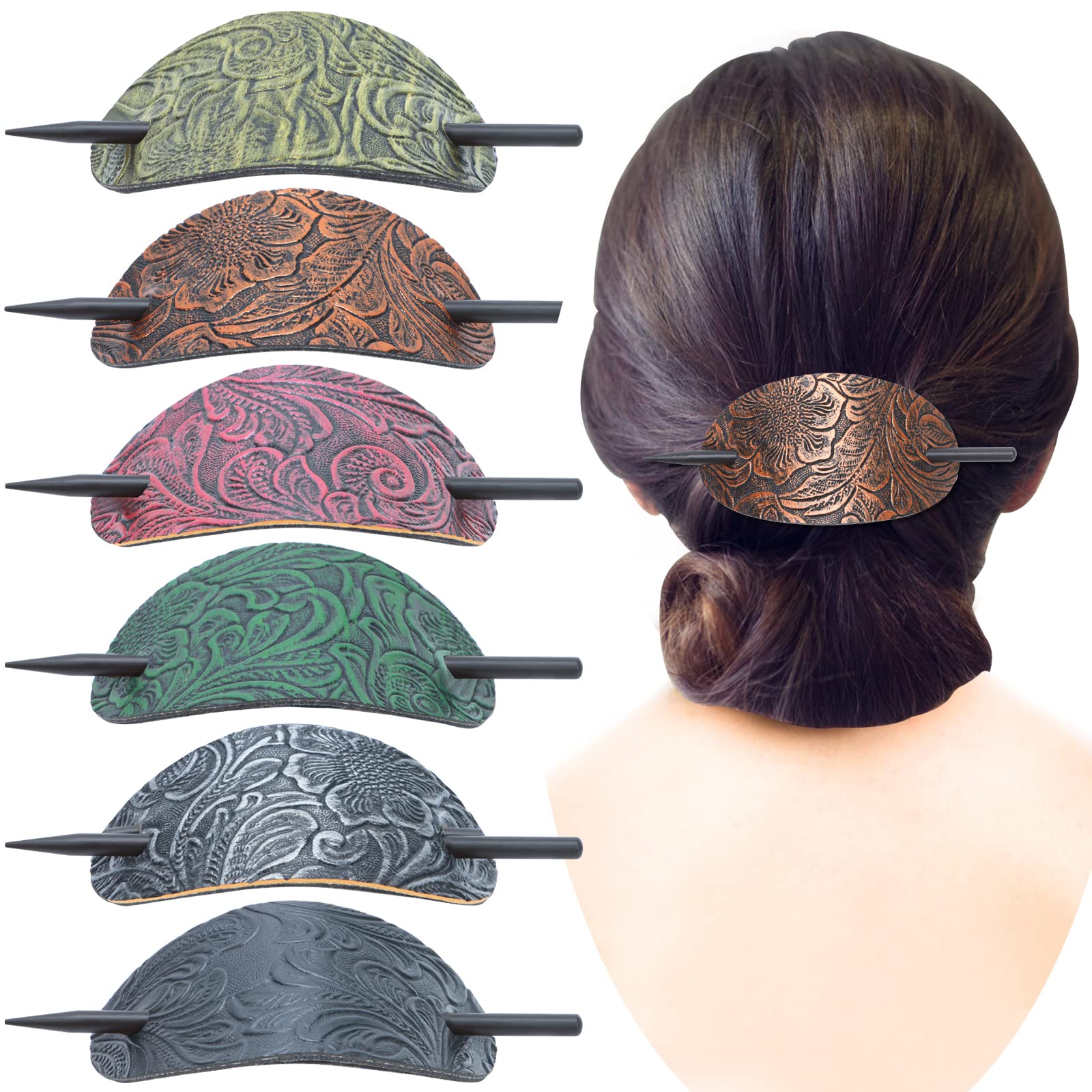 6 Pieces Leather Hair Barrettes with Stick Hair Accessories - Ponytail Clips, Hair Sticks & Pins for Women's Long Hair | Perfect for Weddings, Parties & Everyday Styling
