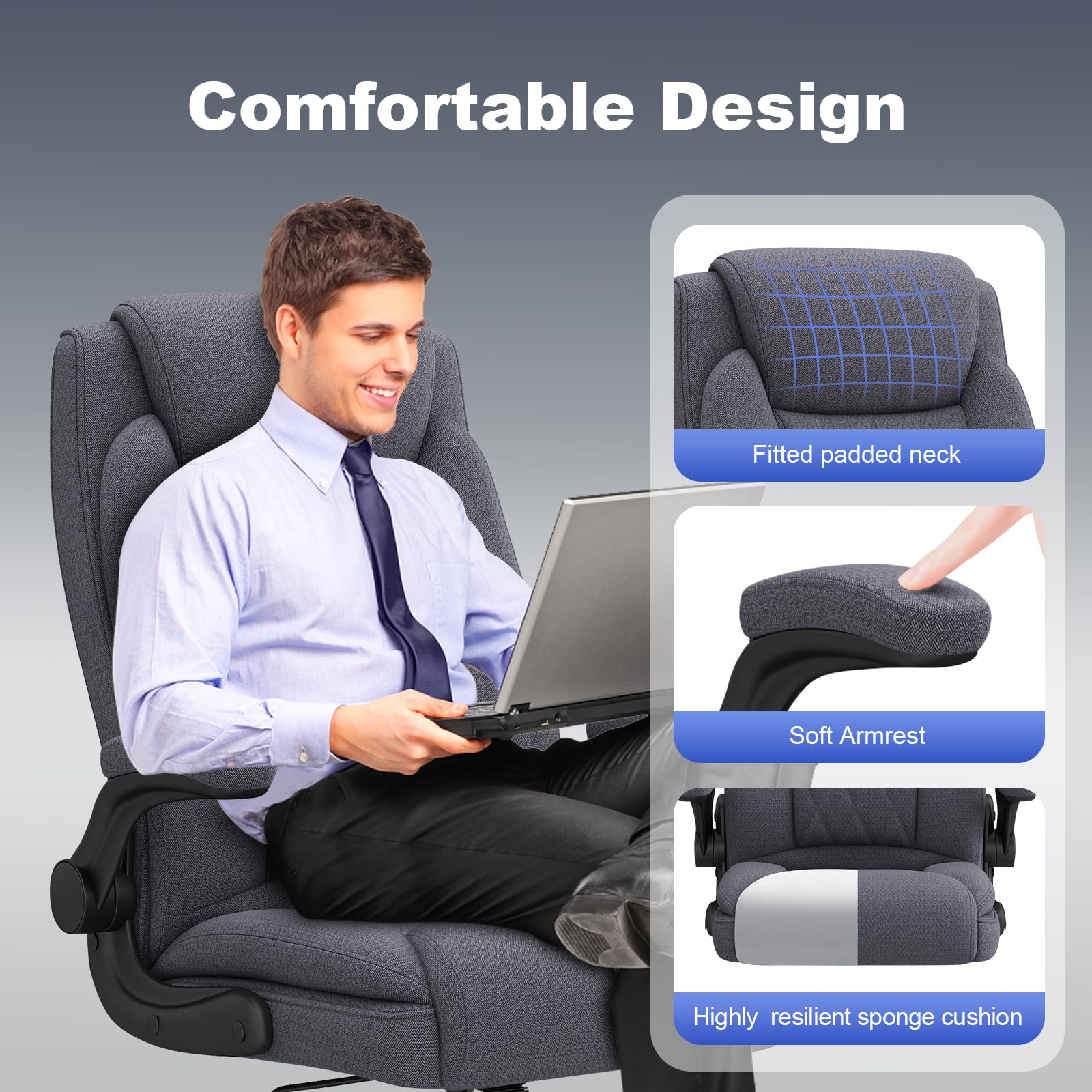 Big and Tall Office Chair - Heavy Duty 400 lb Capacity Executive Desk Chair for Large Men, Breathable Fabric High Back with 120° Tilt & Flip-Up Arms - Perfect for Home Office, Gaming, and Professional Workspaces