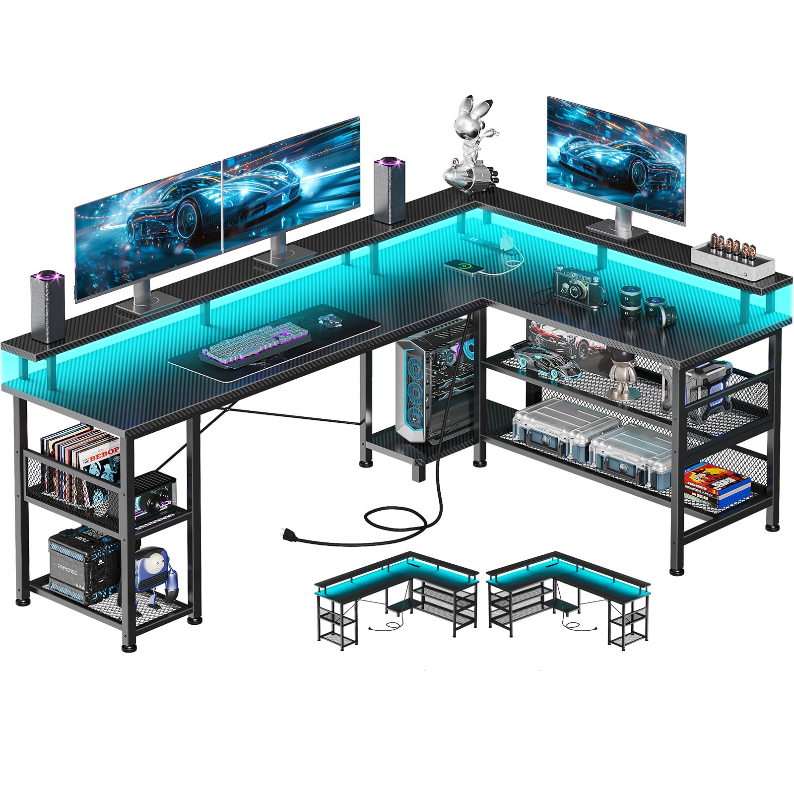 ODK 66 Inch L-Shaped Gaming Desk with Power Outlet & LED Lights - Carbon Fiber Texture PC Computer Desk, Reversible L-Shape Design with Storage Shelves & Monitor Stand - Perfect for Home Office, Streaming Setup & Gaming Battlestation (Black)