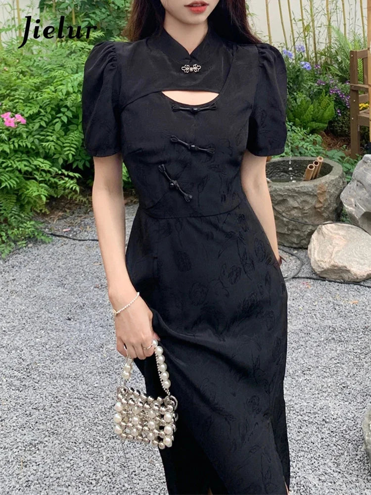 Elegant Black Hollow Out Slim Waist Women's Dress - Chinese Style Split Design with Chic Buttons & Puff Sleeves | Perfect for Cocktail Parties, Date Nights & Special Occasions