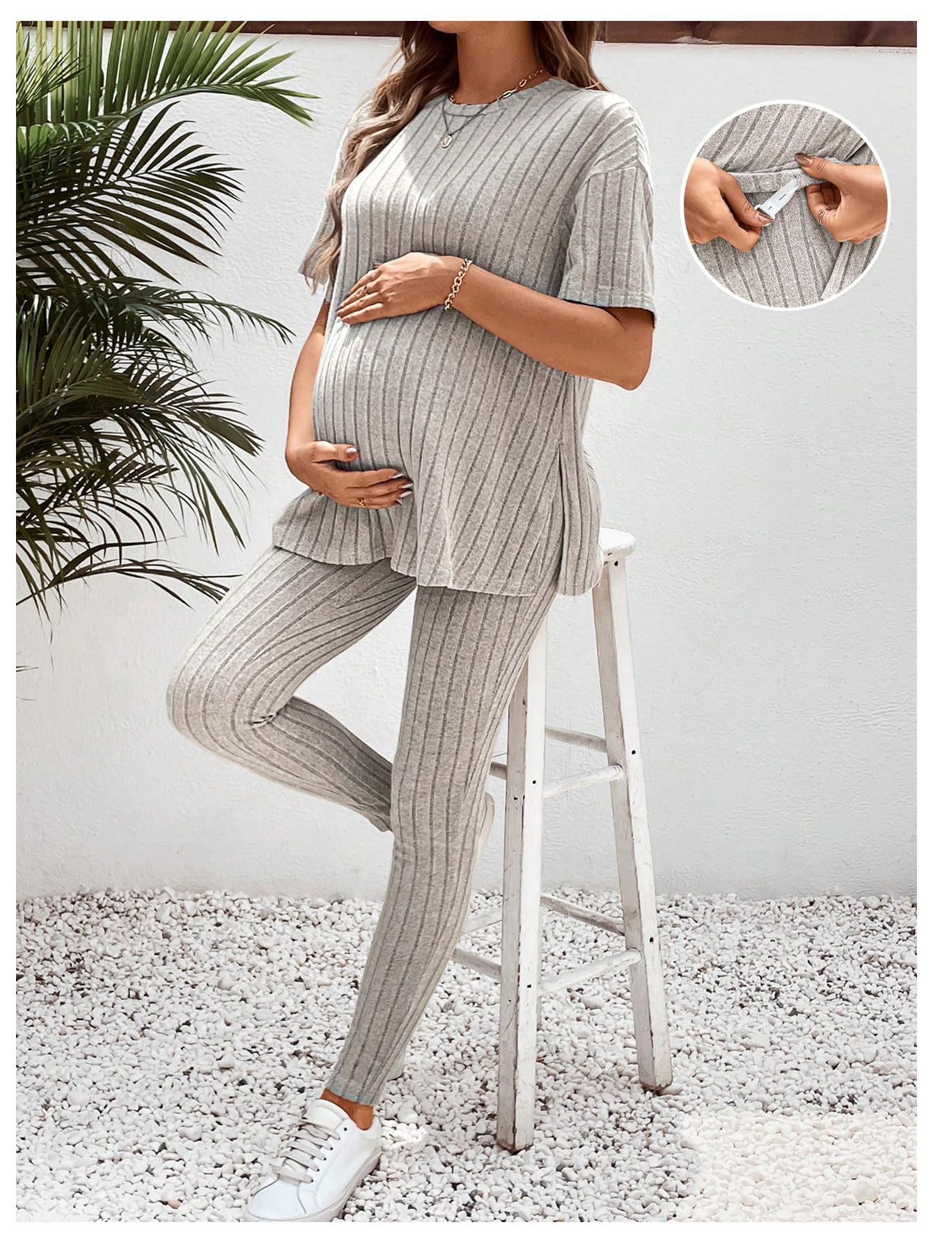 MakeMeChic Women's Maternity 2-Piece Pajama Set - Rib Knit Split Tee Top & Lounge Pants - Comfortable Pregnancy Sleepwear & Loungewear for Expecting Moms (Perfect for Relaxing at Home, Nursing, and Hospital Stay)