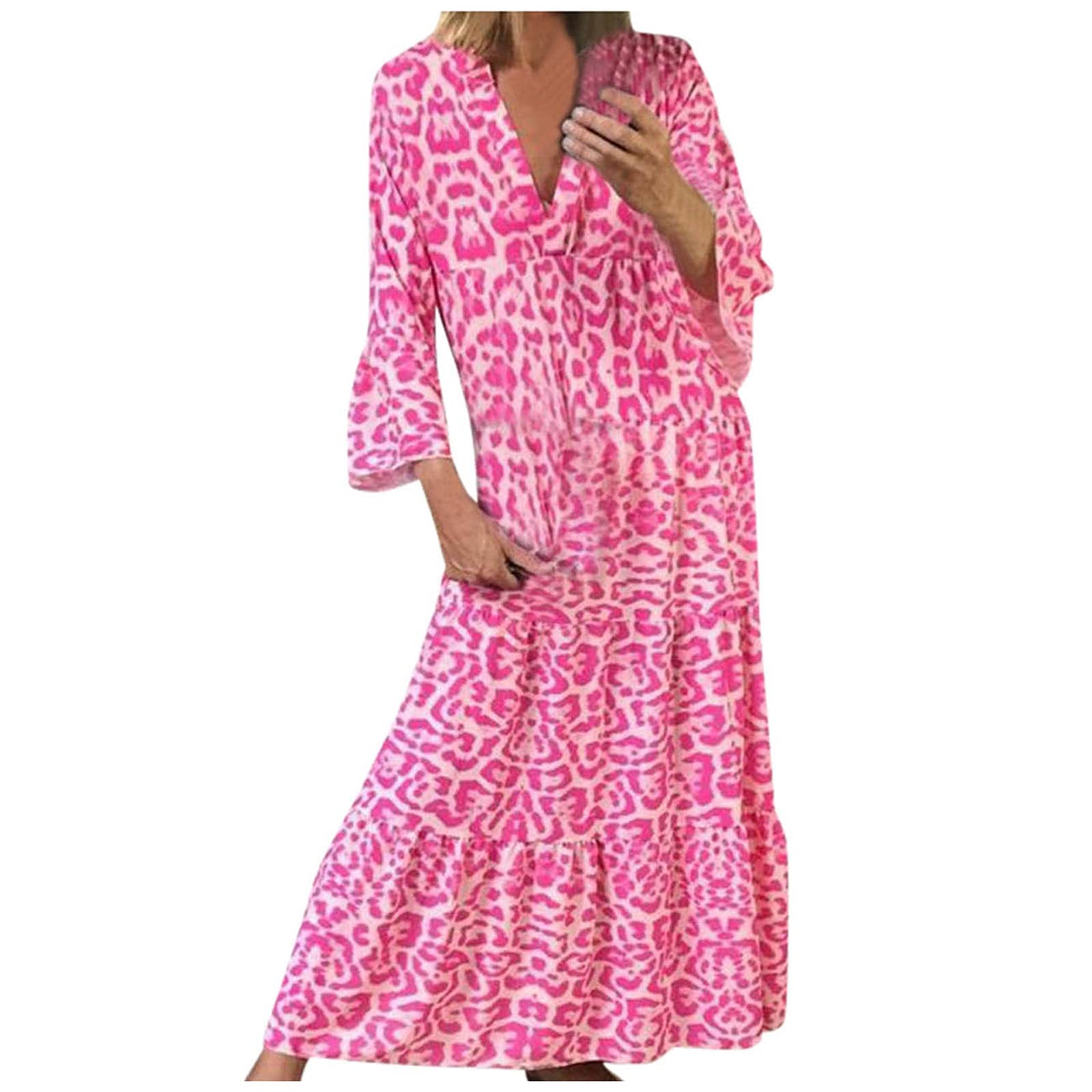 Women's Boho Leopard Print Maxi Dress - Flowy Long Paisley Animal Print Summer Dress for Beach, Vacation & Casual Wear