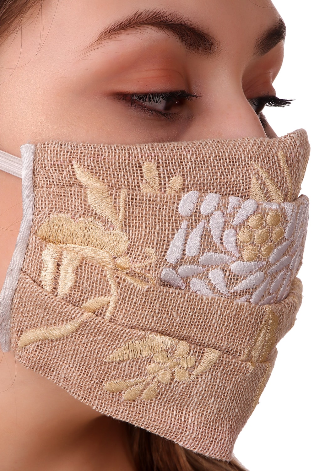 Floral Embroidered Jute Pleated Face Mask - Reusable & Breathable Cotton Fabric for Women - Perfect for Daily Use, Outdoor Activities & Travel Protection