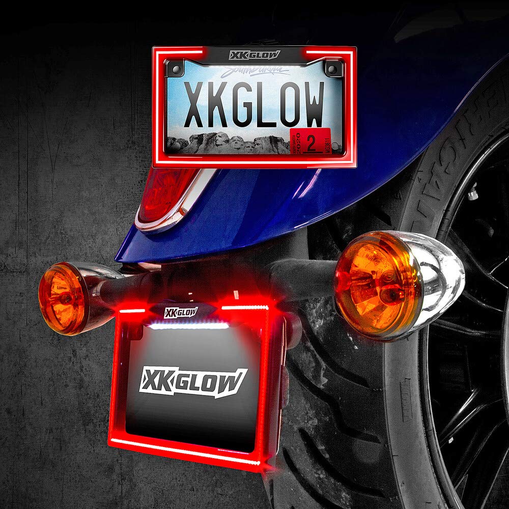 XKGLOW Motorcycle LED License Plate Frame with Running Turn and Brake Lights - White (XK034018-W) | Waterproof & Durable for Night Riding & Safety Enhancement