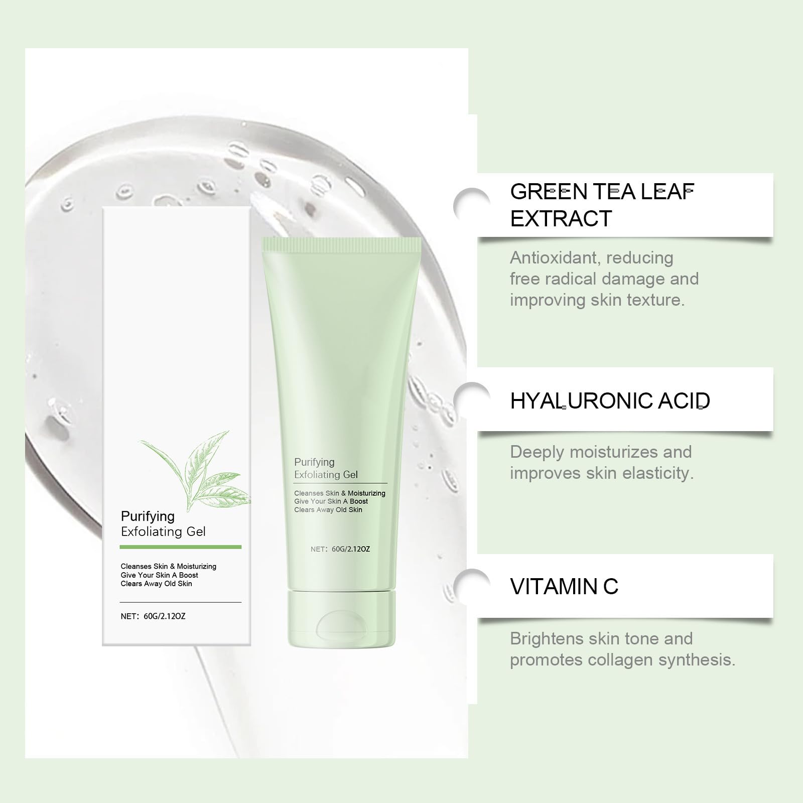 Green Tea Purifying Exfoliating Gel & Scrub - Gentle Deep Cleansing Face Wash for Oil Control & Pore Minimizing - Hydrating Formula for Dry Skin - 2 oz | Achieve Clear, Soft & Smooth Skin for Daily Skincare Routine